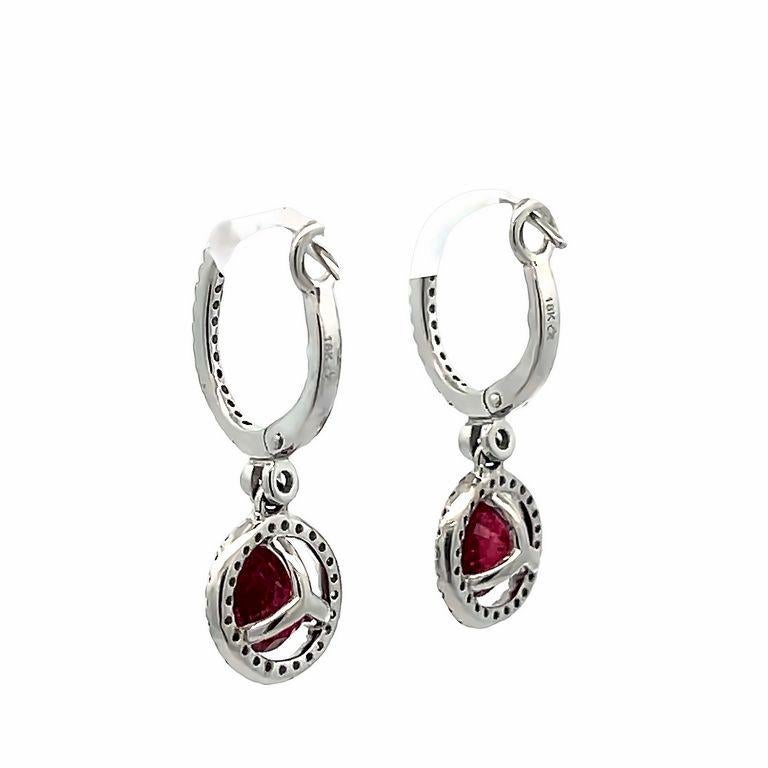 Round Cut Ruby 2.63CT Round Diamond 0.31CT Dangle Earrings in 18K White Gold GIA For Sale