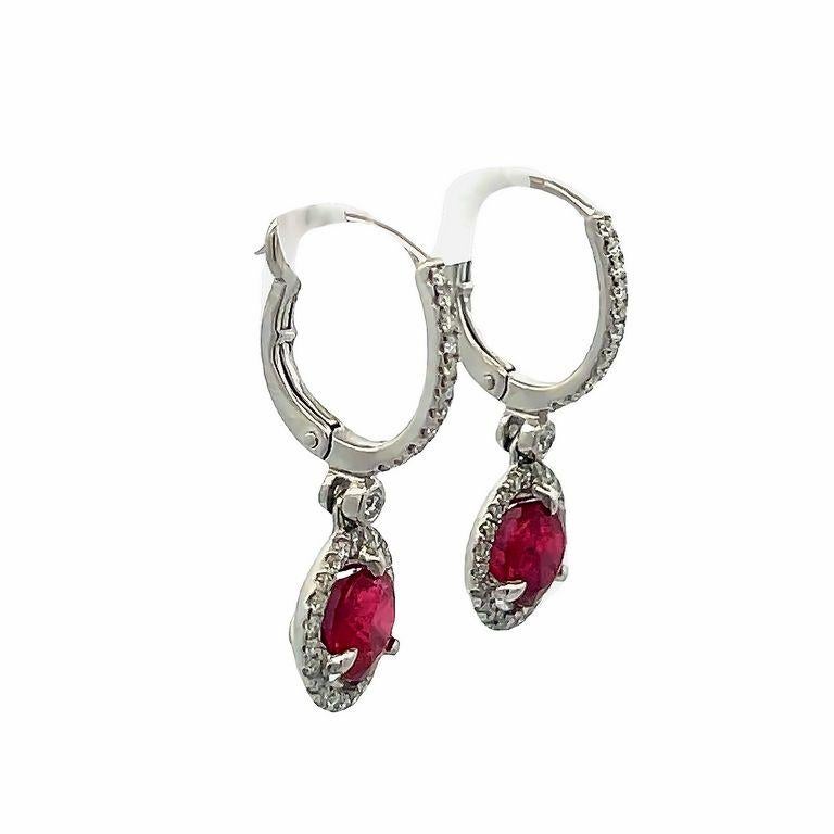 Ruby 2.63CT Round Diamond 0.31CT Dangle Earrings in 18K White Gold GIA For Sale 1