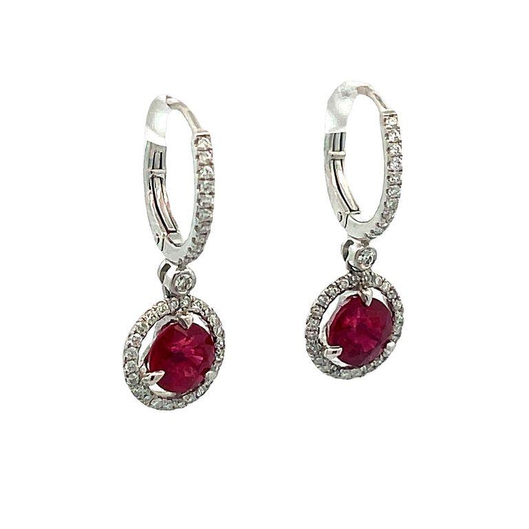 Ruby 2.63CT Round Diamond 0.31CT Dangle Earrings in 18K White Gold GIA For Sale 2