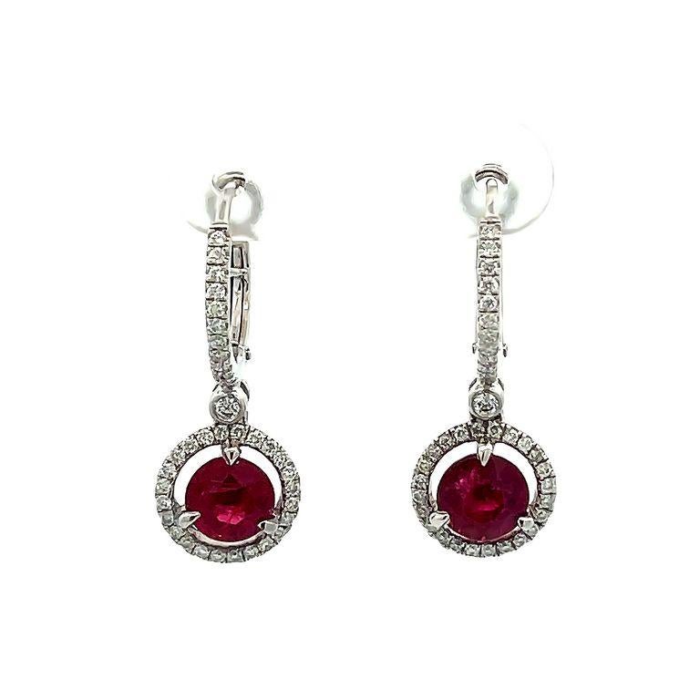 Ruby 2.63CT Round Diamond 0.31CT Dangle Earrings in 18K White Gold GIA For Sale 3