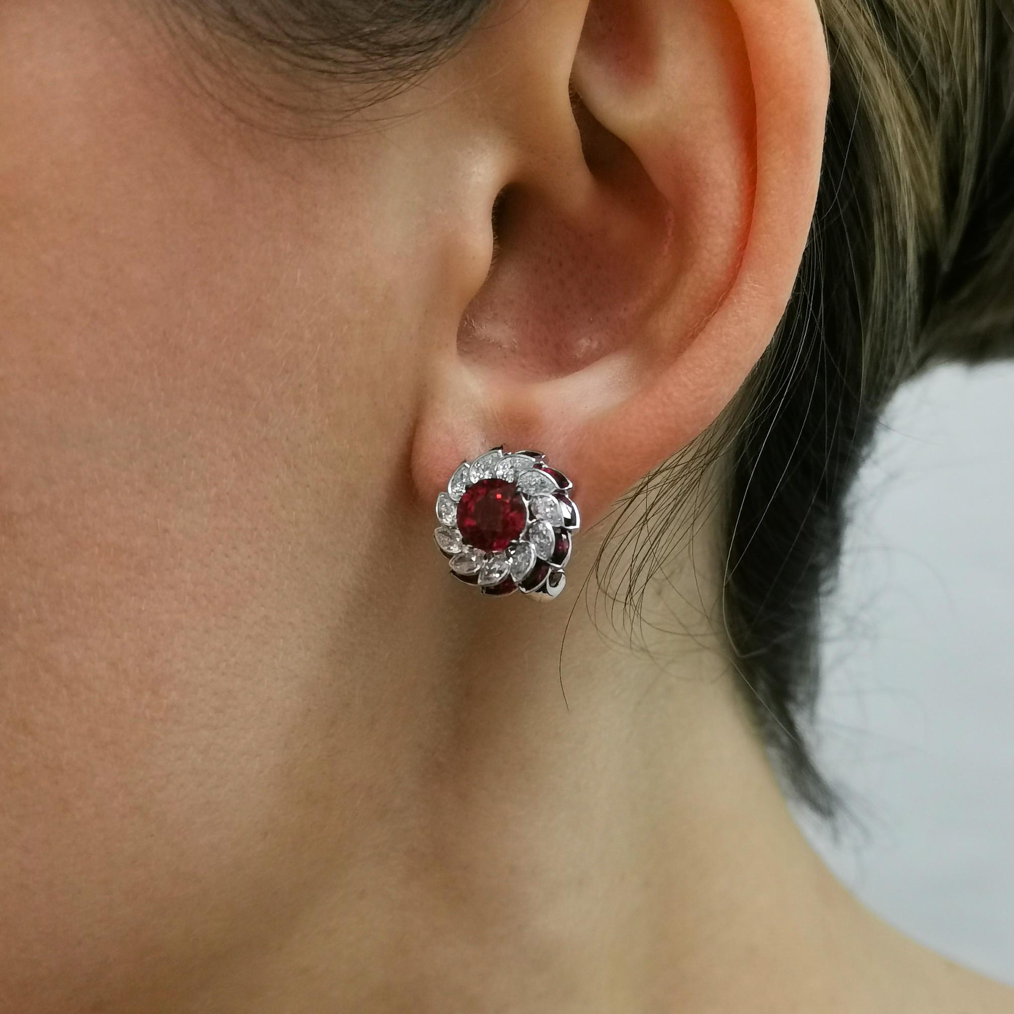 Ruby 2.74 Ct Diamonds Rubies Pear 18 Karat White Gold High Jewelry Earrings For Sale 4