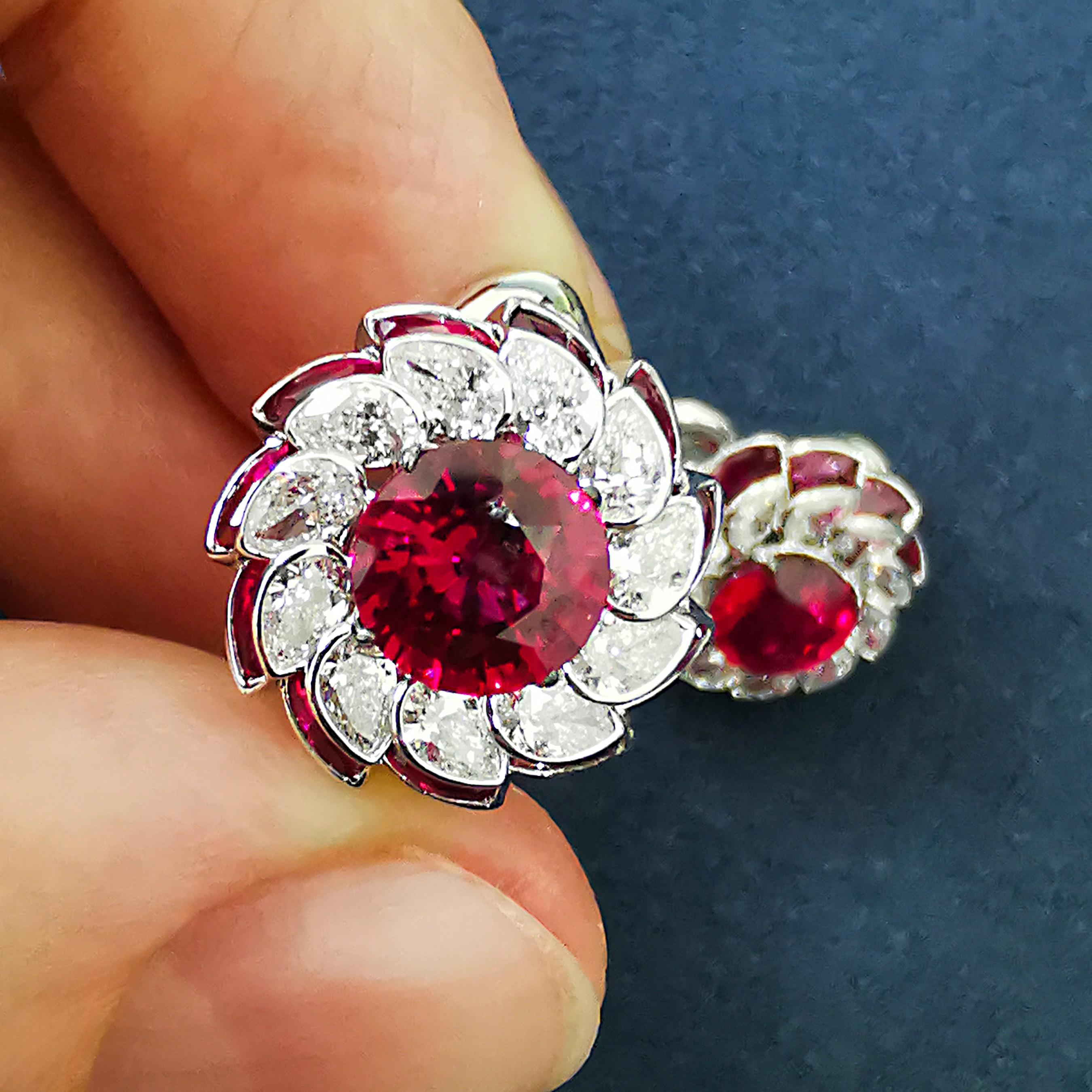 Contemporary Ruby 2.74 Ct Diamonds Rubies Pear 18 Karat White Gold High Jewelry Earrings For Sale