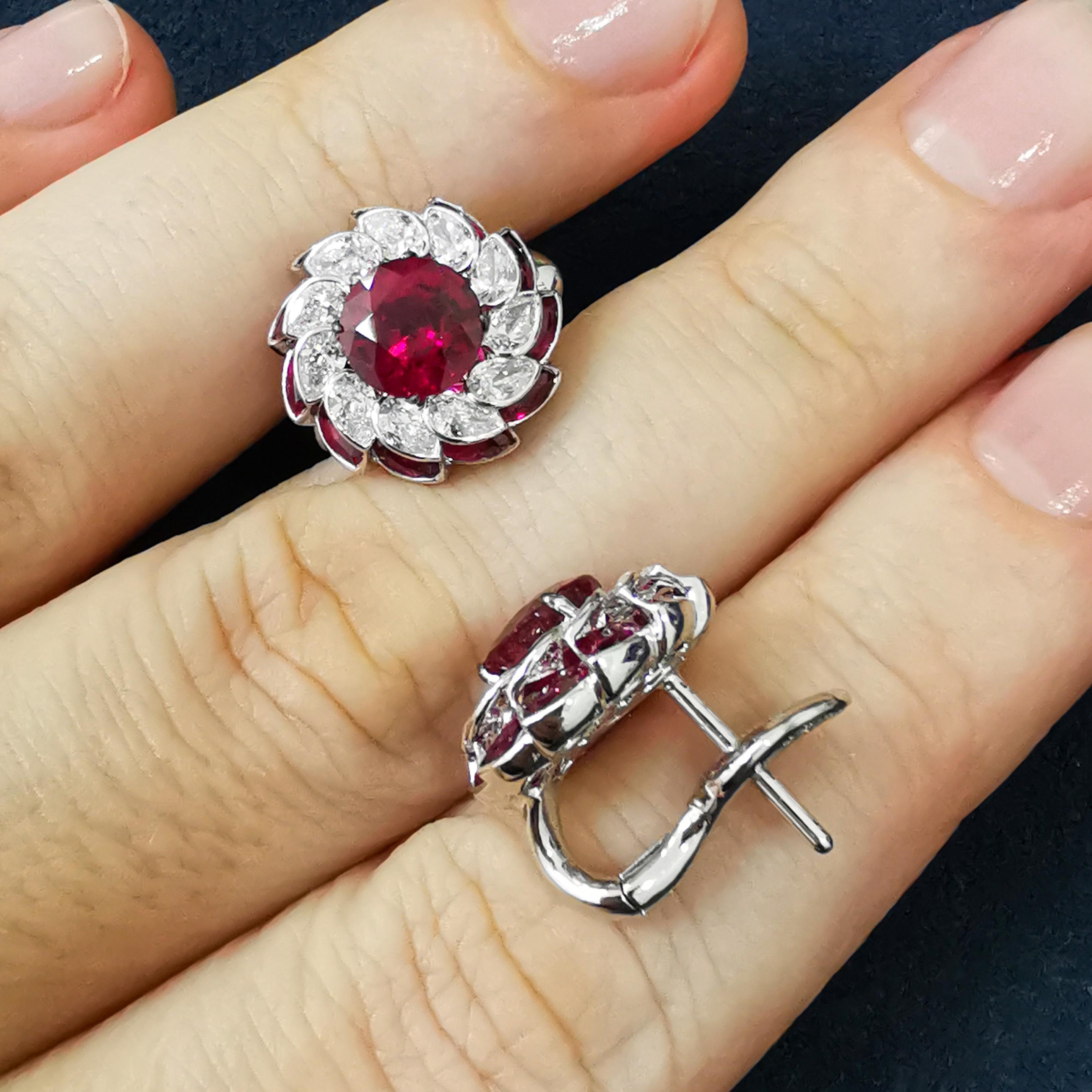 Women's Ruby 2.74 Ct Diamonds Rubies Pear 18 Karat White Gold High Jewelry Earrings For Sale