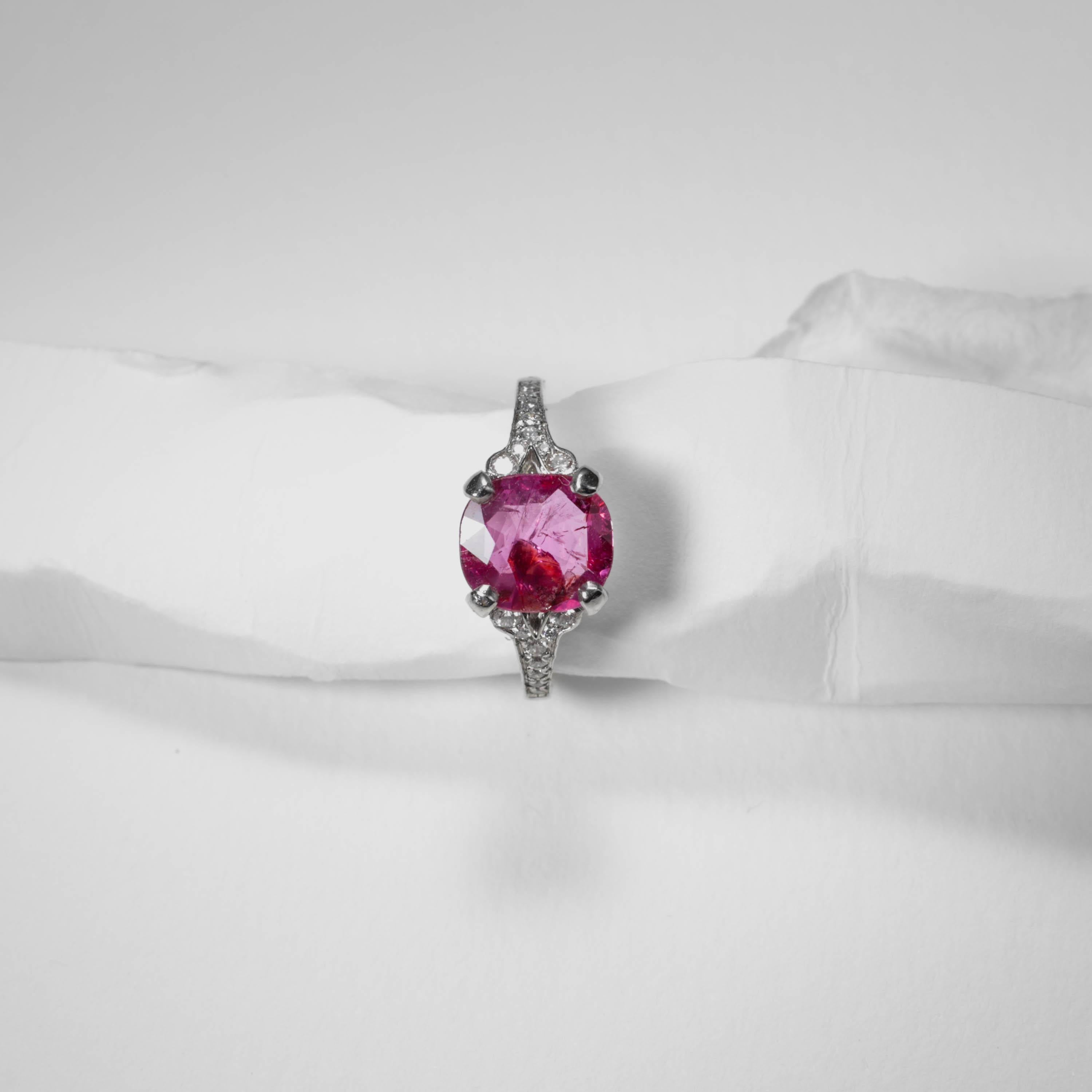 Art Deco Ruby 3 Carat Solitaire Certified Unheated Burmese Origin, French, Estate For Sale
