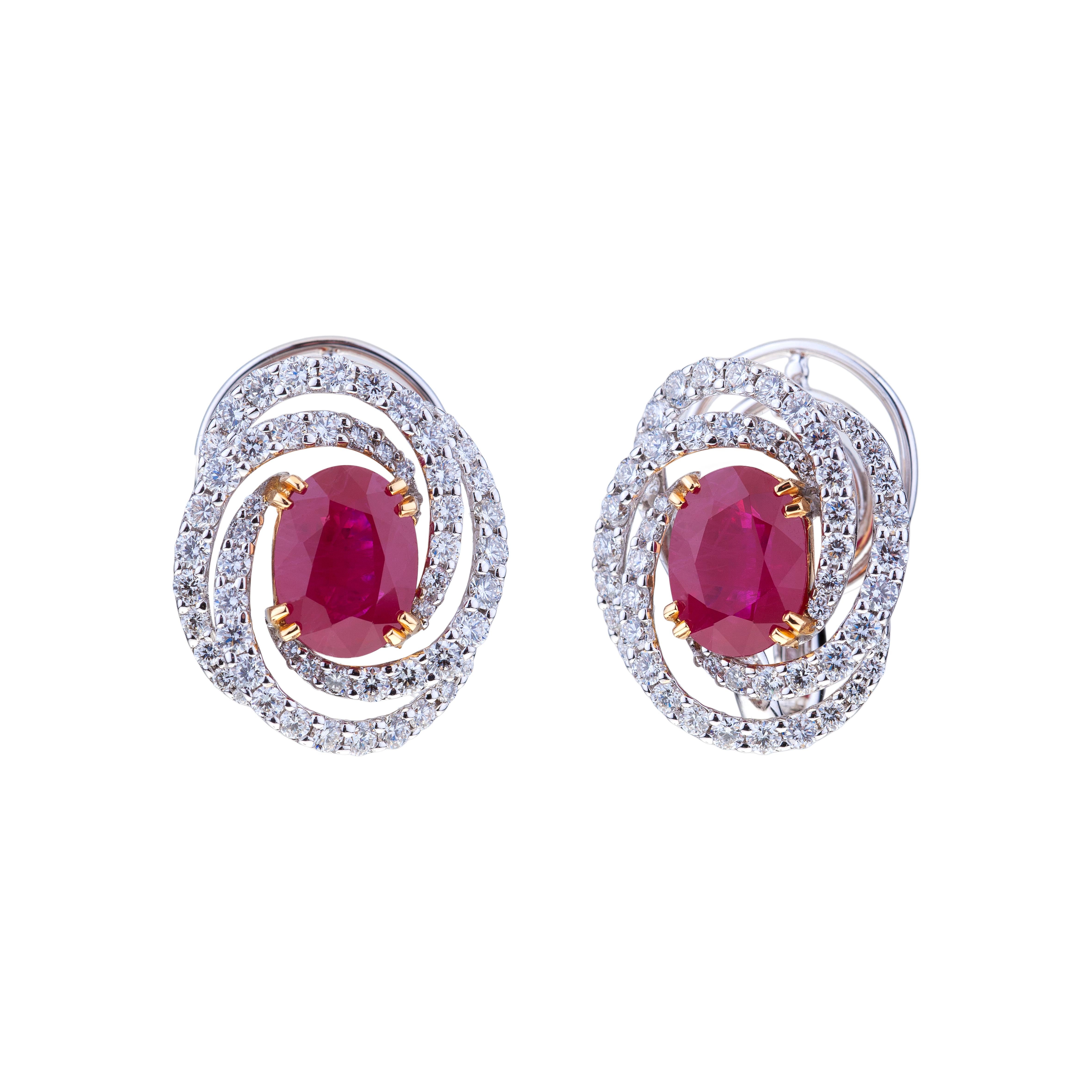 Ruby 3 Ct. Each Earrings White Gold with Circle of Diamonds with Certificate For Sale