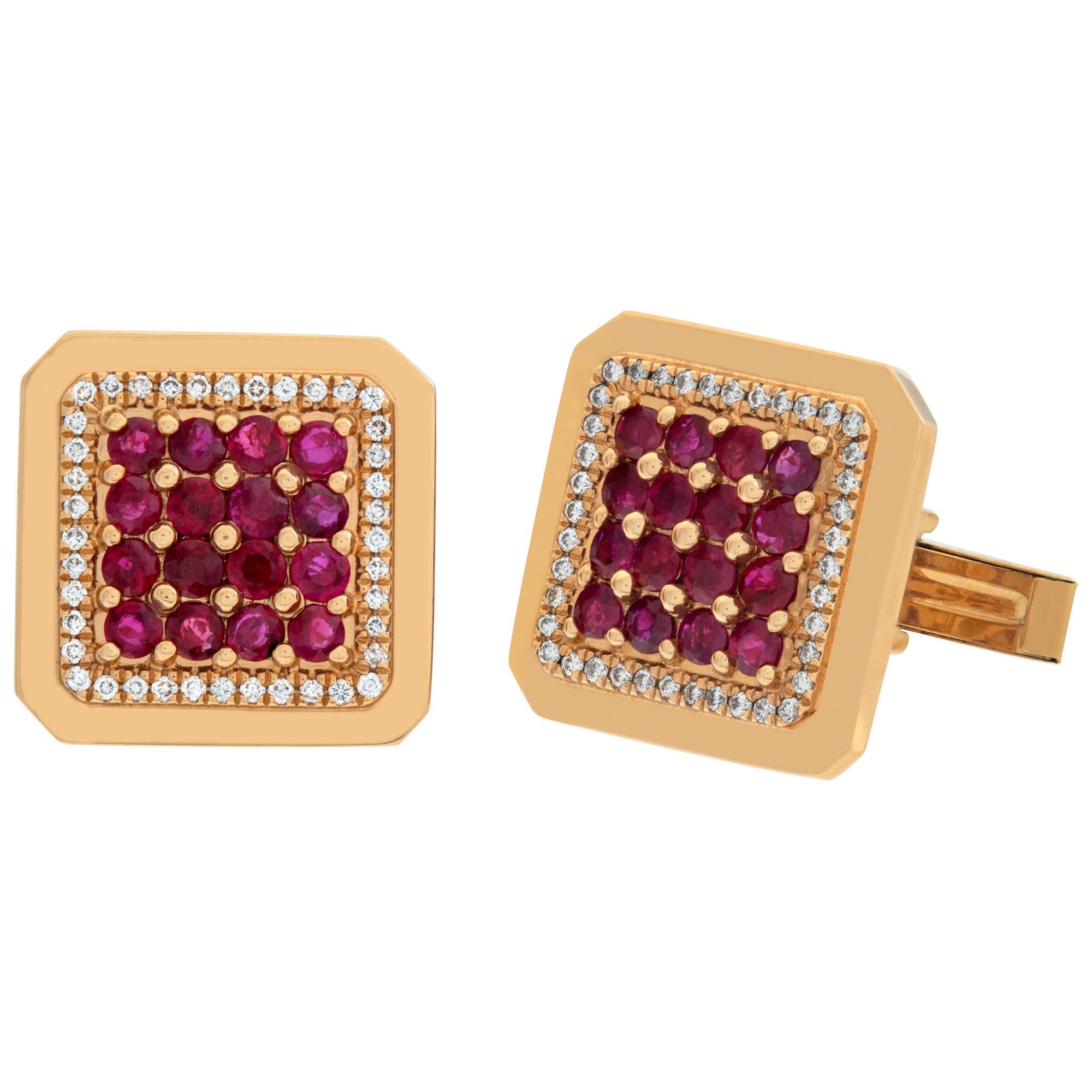 Ruby & diamonds square cufflinks, set in 18k yellow gold. Total round cut ruby approx. weight: 3.20 carats. Round brilliant cut diamonds total approx. weight: 0.40 carat, white & eye clean. Width: 17.8mm x 17.8mm.
