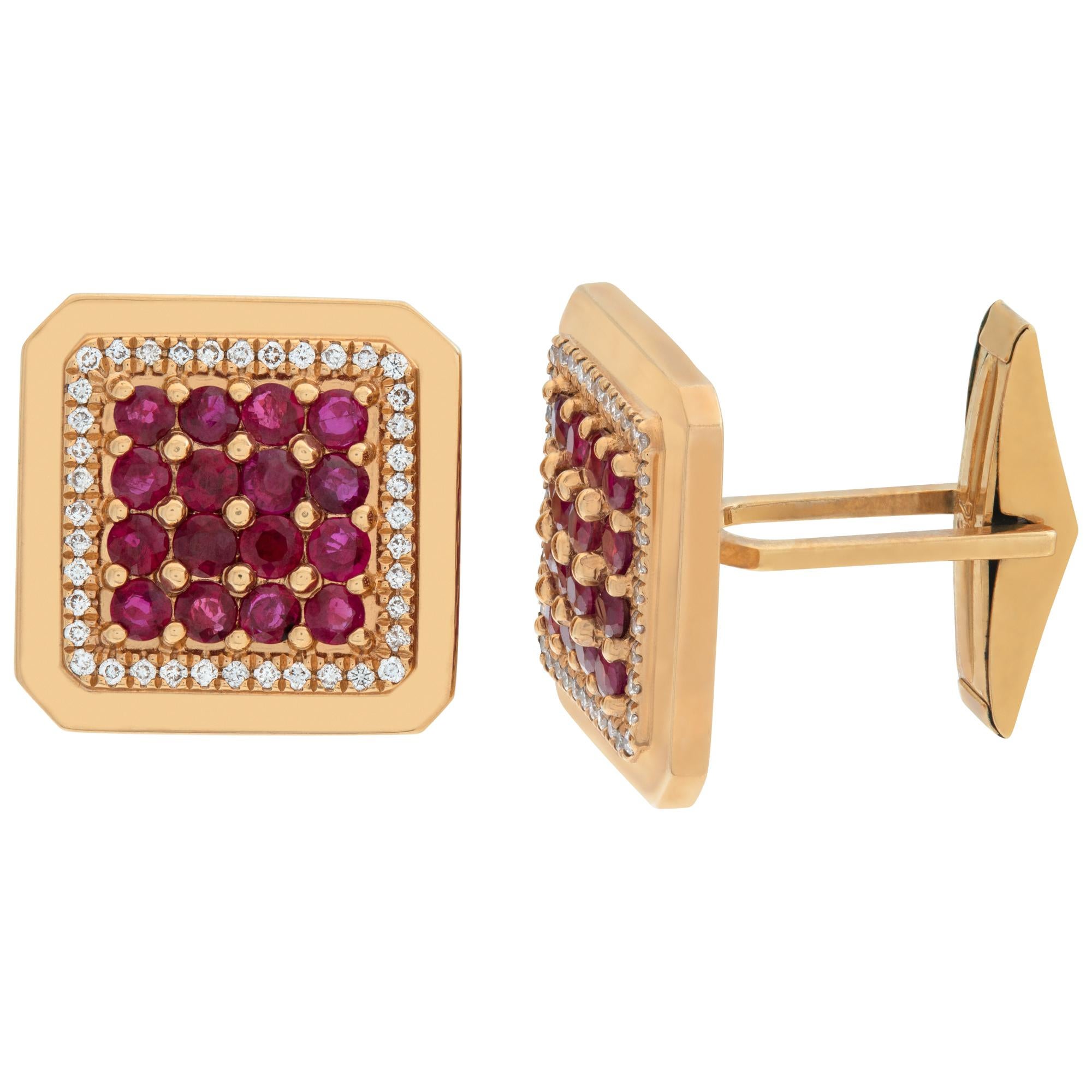 Ruby & 3.20 Carat Diamond 18k Yellow Gold Square Cufflinks In Excellent Condition For Sale In Surfside, FL