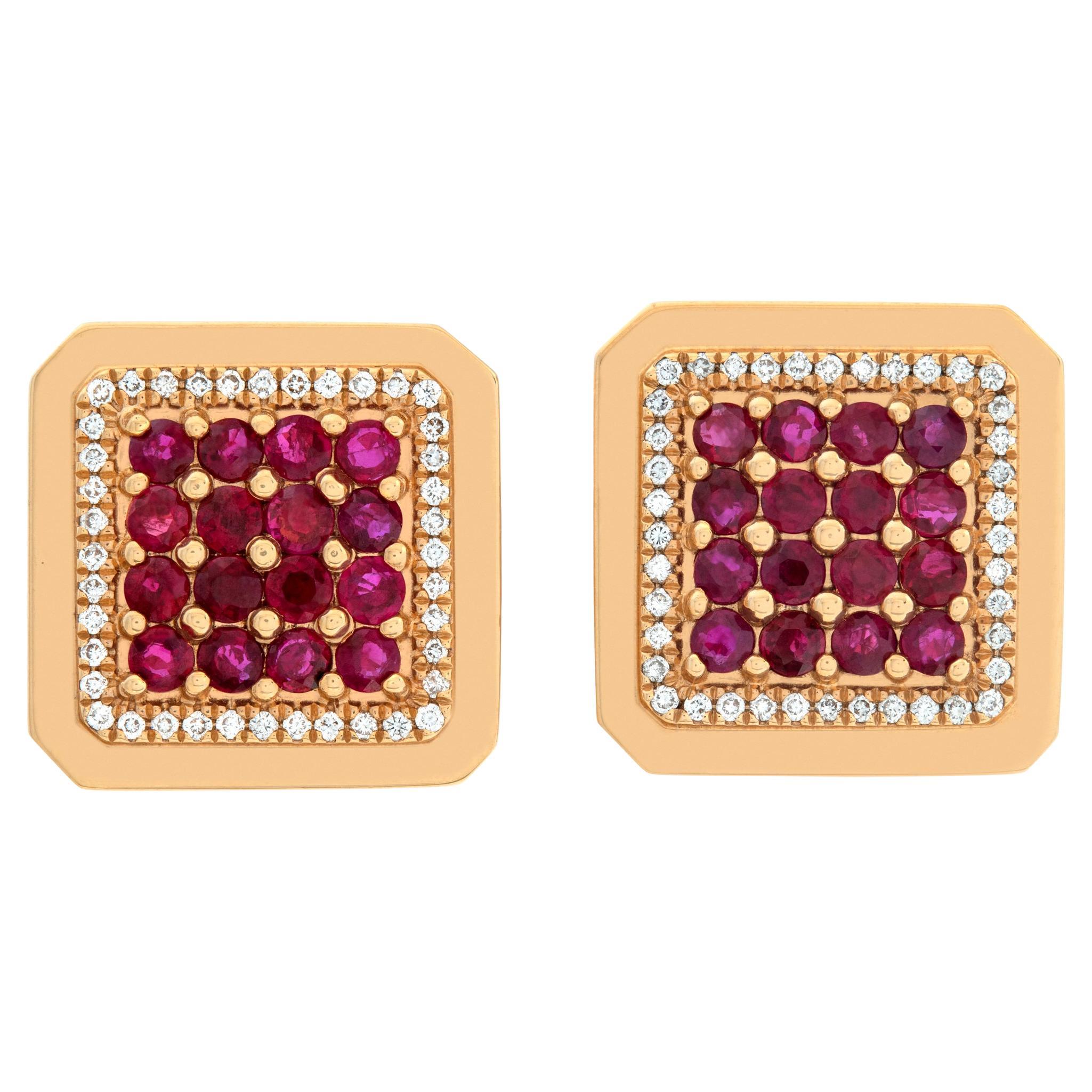 Ruby & 3.20 Carat Diamond 18k Yellow Gold Square Cufflinks For Sale