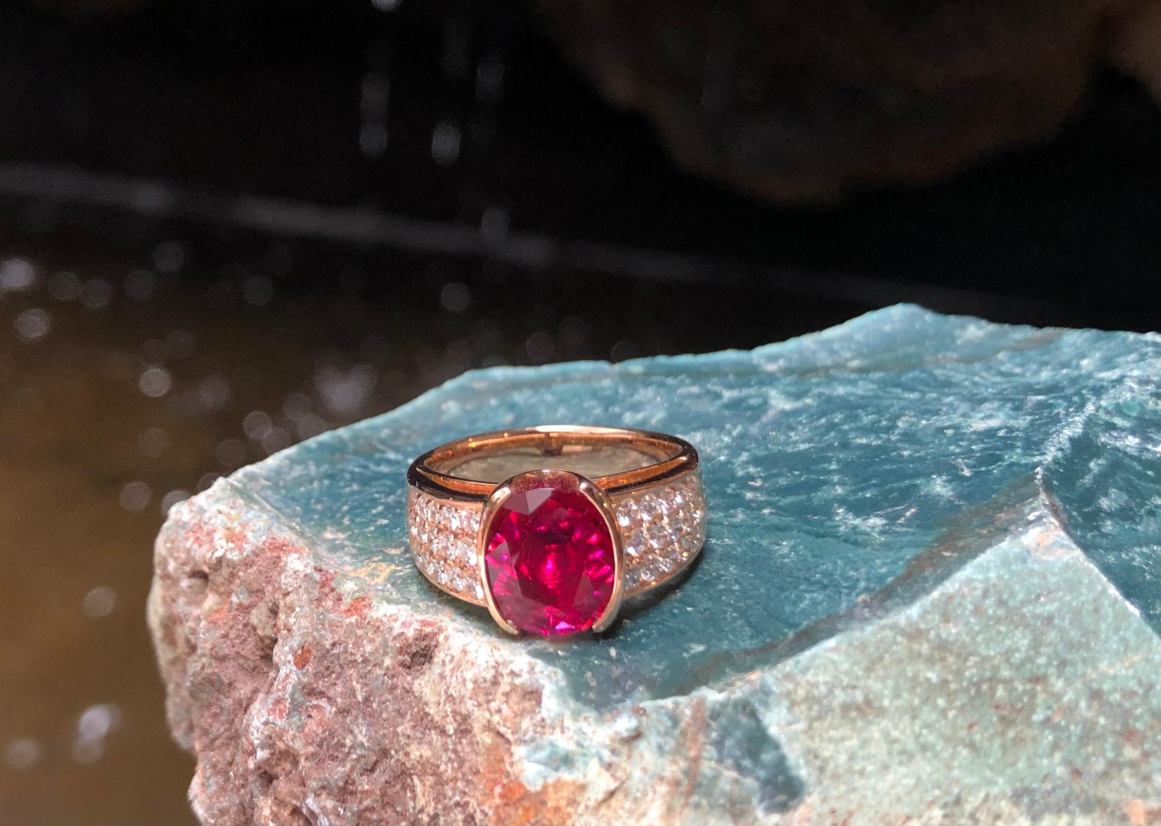 Ruby 3.20 Carat with Diamond 0.58 Carat Ring Set in 18 Karat Pink Gold Settings For Sale 8