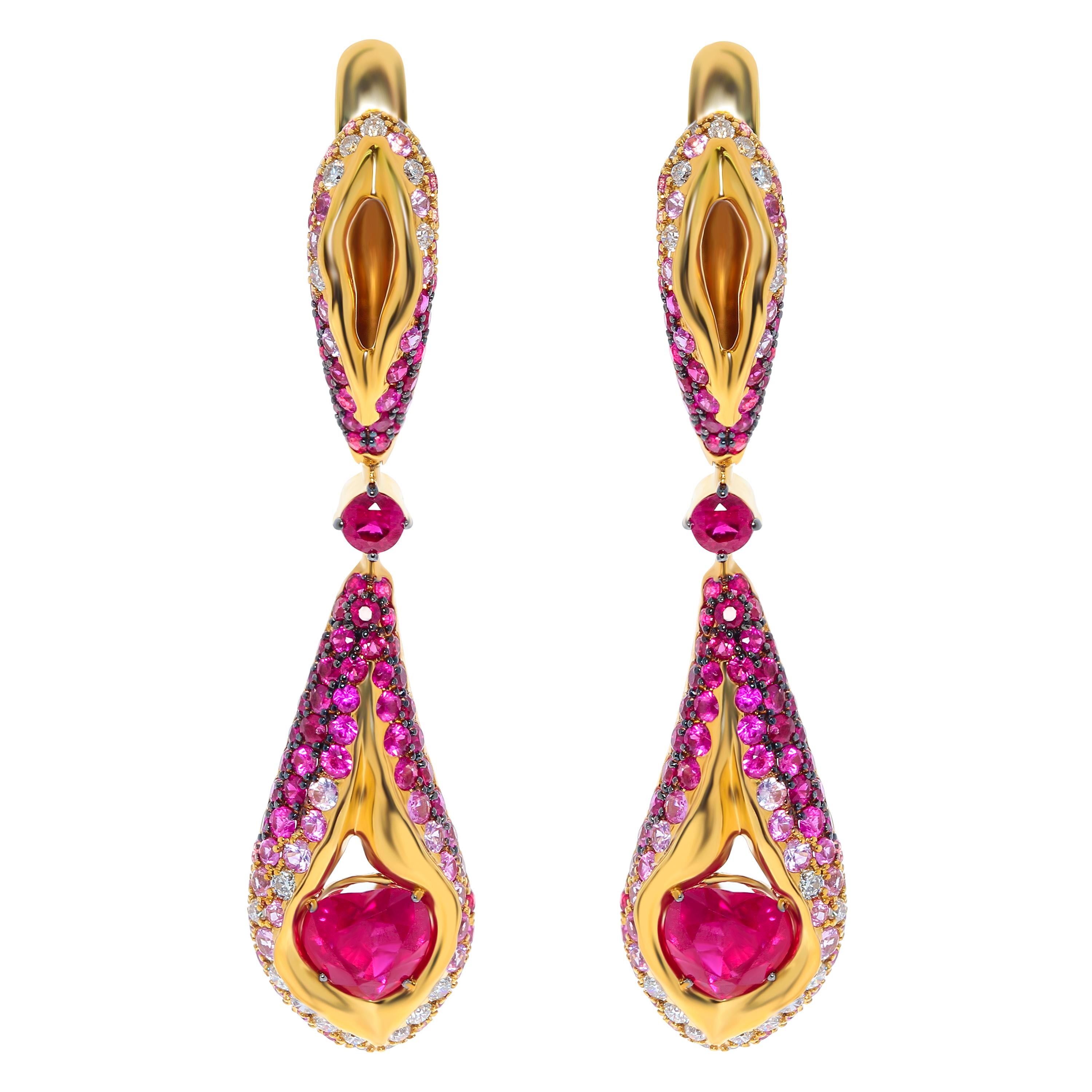Ruby 3.34 Carat Pink Sapphires Diamonds 18 Karat Yellow Gold HeartBeat Suite For Sale 4