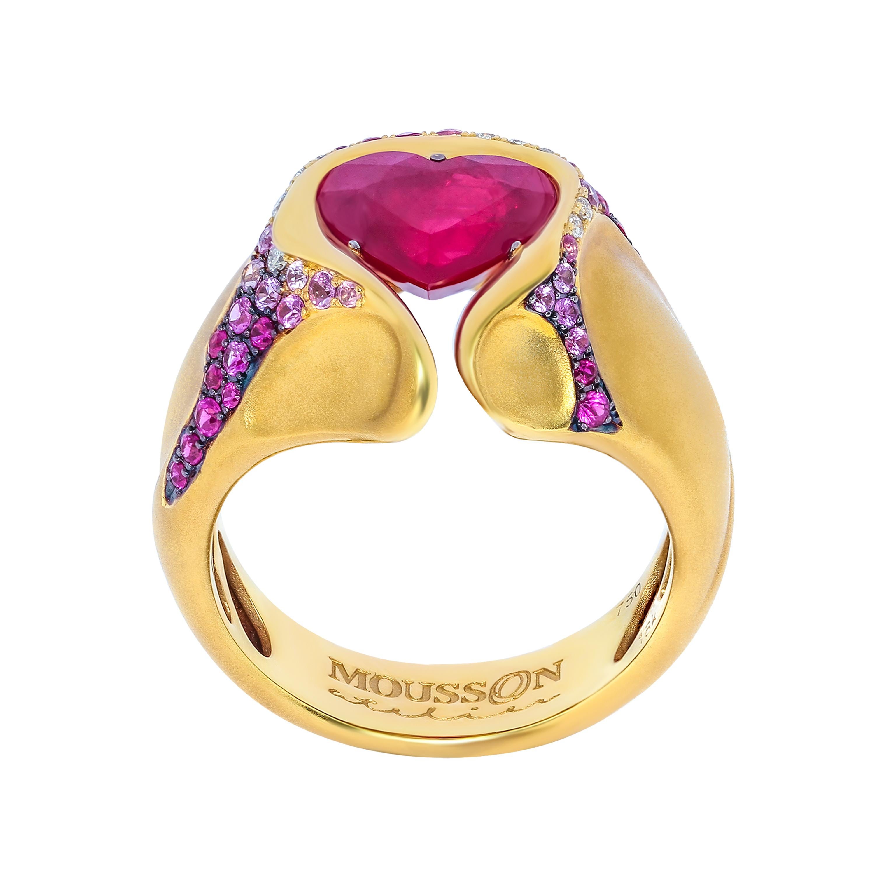 Ruby 3.34 Carat Pink Sapphires Diamonds 18 Karat Yellow Gold HeartBeat Suite For Sale 6
