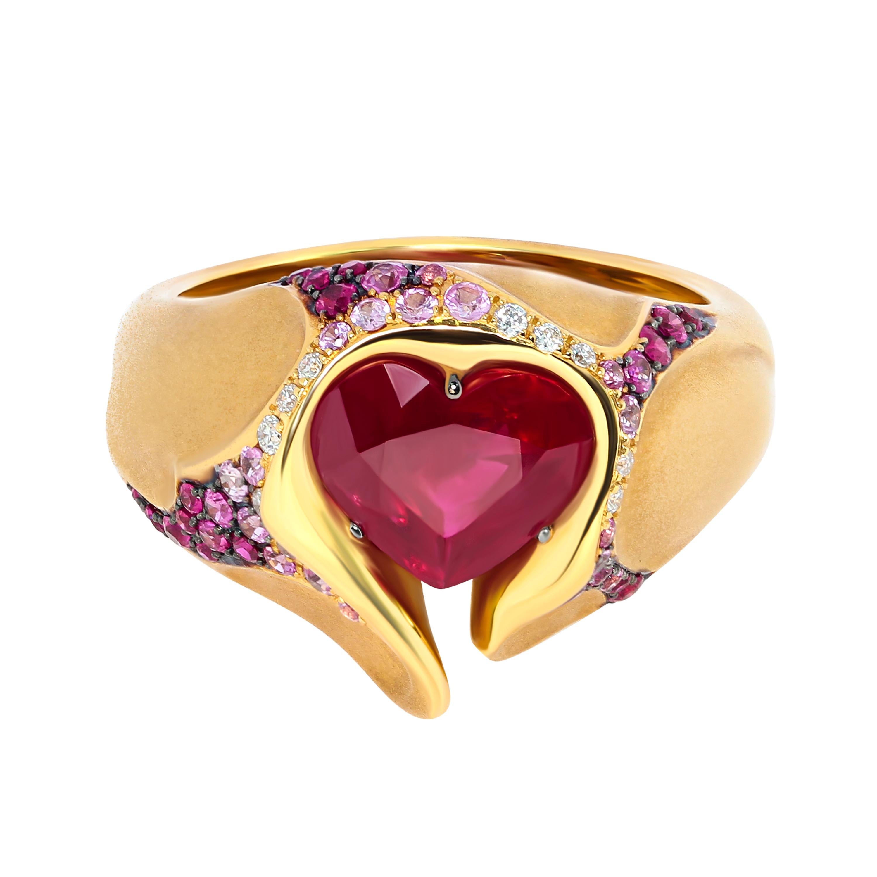 Contemporary Ruby 3.34 Carat Pink Sapphires Diamonds 18 Karat Yellow Gold HeartBeat Suite For Sale