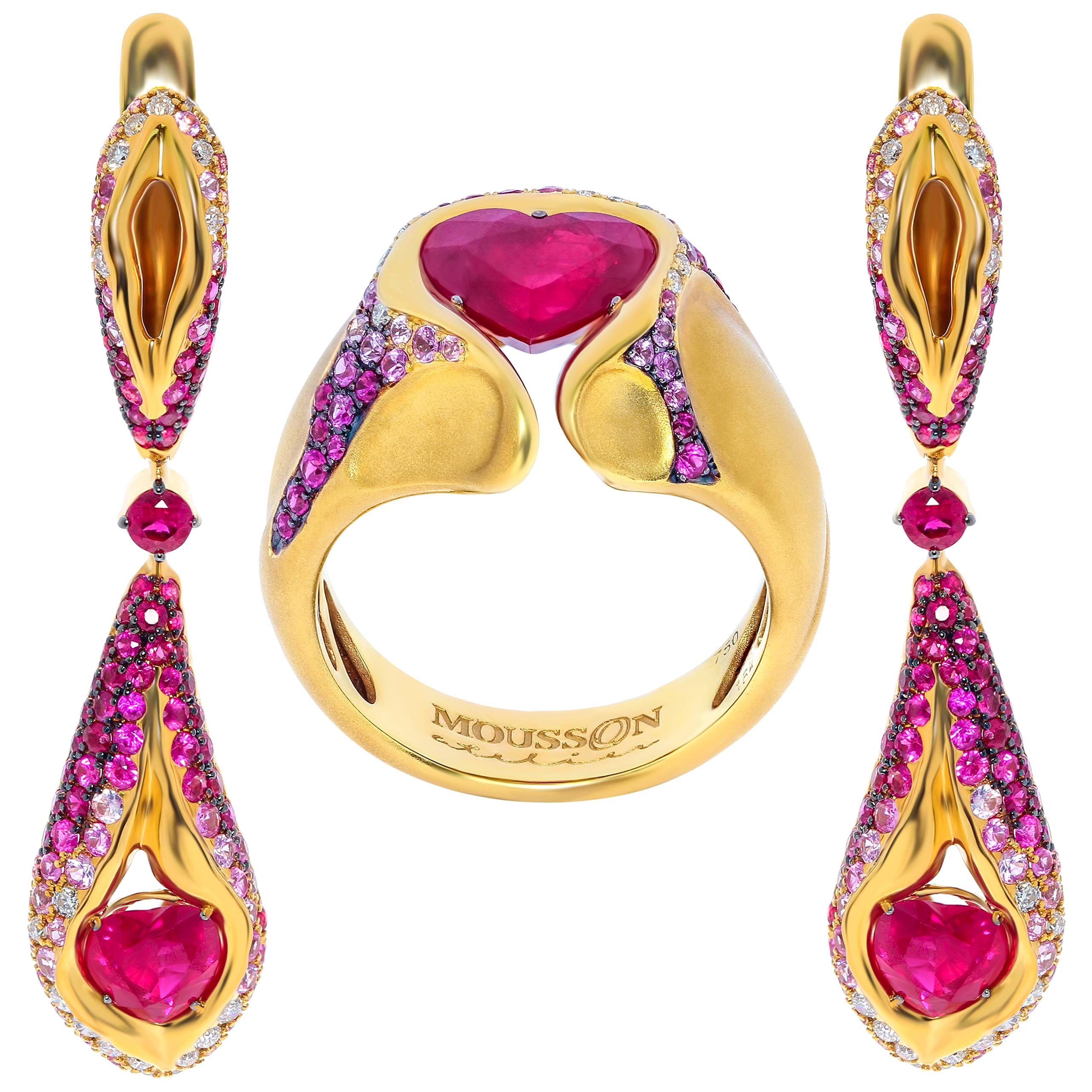 Ruby 3.34 Carat Pink Sapphires Diamonds 18 Karat Yellow Gold HeartBeat Suite