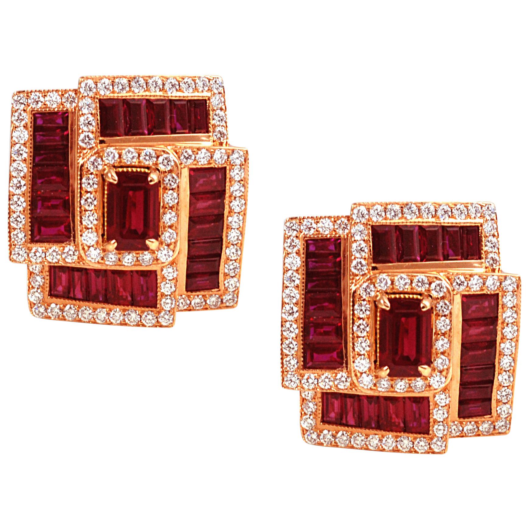 Ruby 3.75 Carat, Ruby 1.29 Carat with Diamond 1.03cts Earrings in 18 Karat Gold