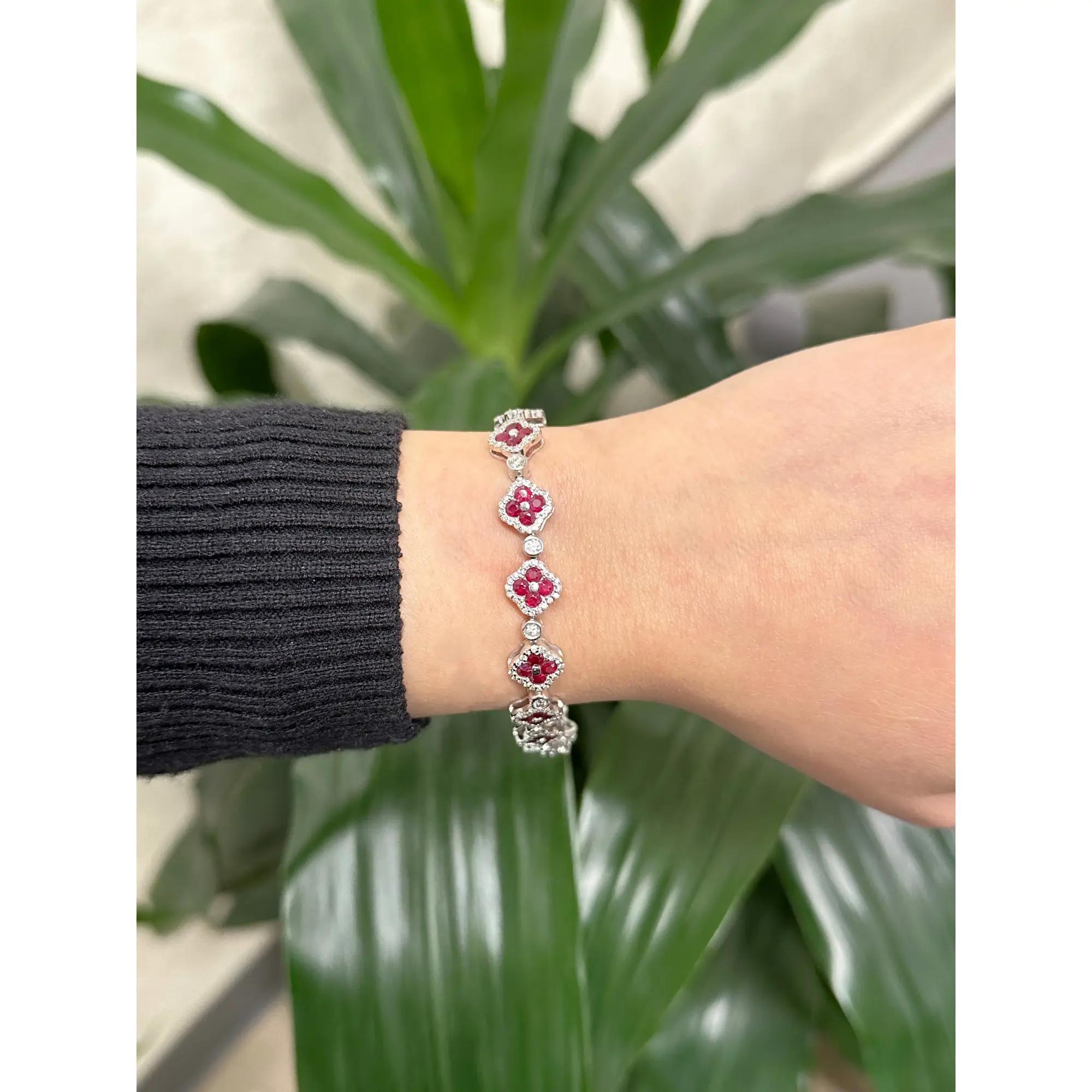 Round Cut Ruby 5.21Cttw And Diamond 1.84Cttw Clover Tennis Bracelet 14K White Gold 7.2 In For Sale