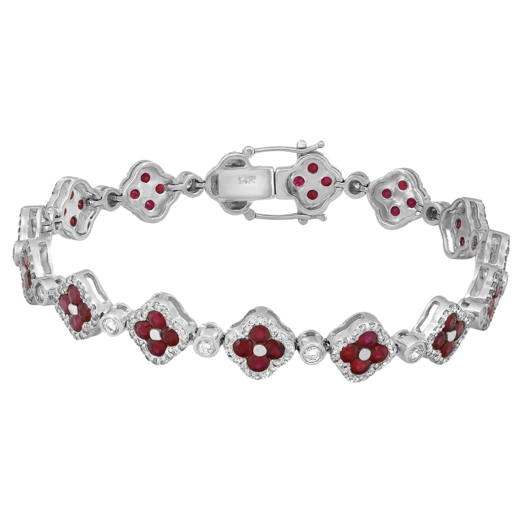 Ruby 5.21Cttw And Diamond 1.84Cttw Clover Tennis Bracelet 14K White Gold 7.2 In