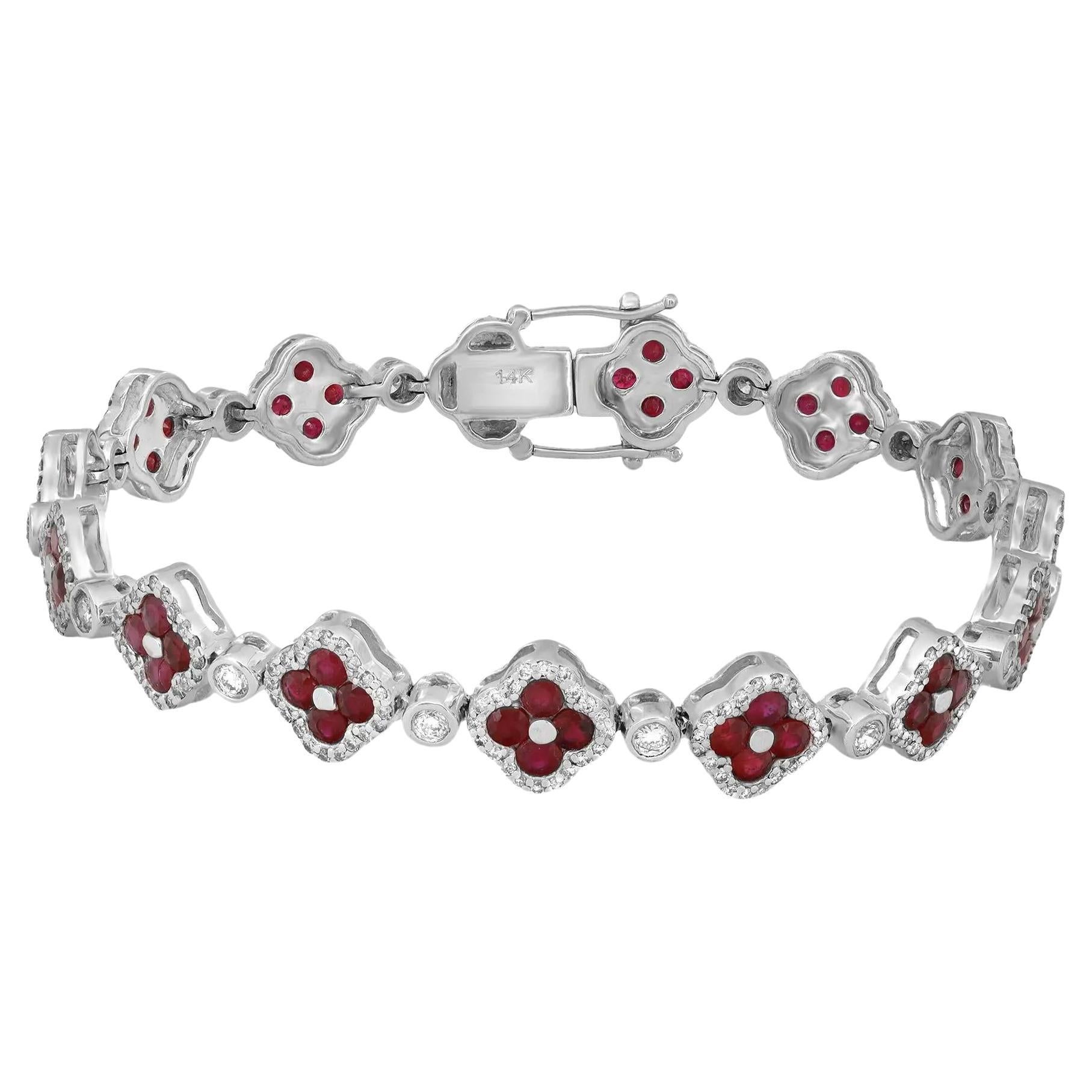 Rubin 5,21 Gesamtkaratgewicht und Diamant 1,84 Gesamtkaratgewicht Klee Kleeblatt Tennisarmband 14K Weißgold 7.2 Zoll im Angebot