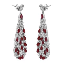 Ruby 5.99Cttw And Diamond 3.37Cttw Long Drop Earrings 14K White Gold