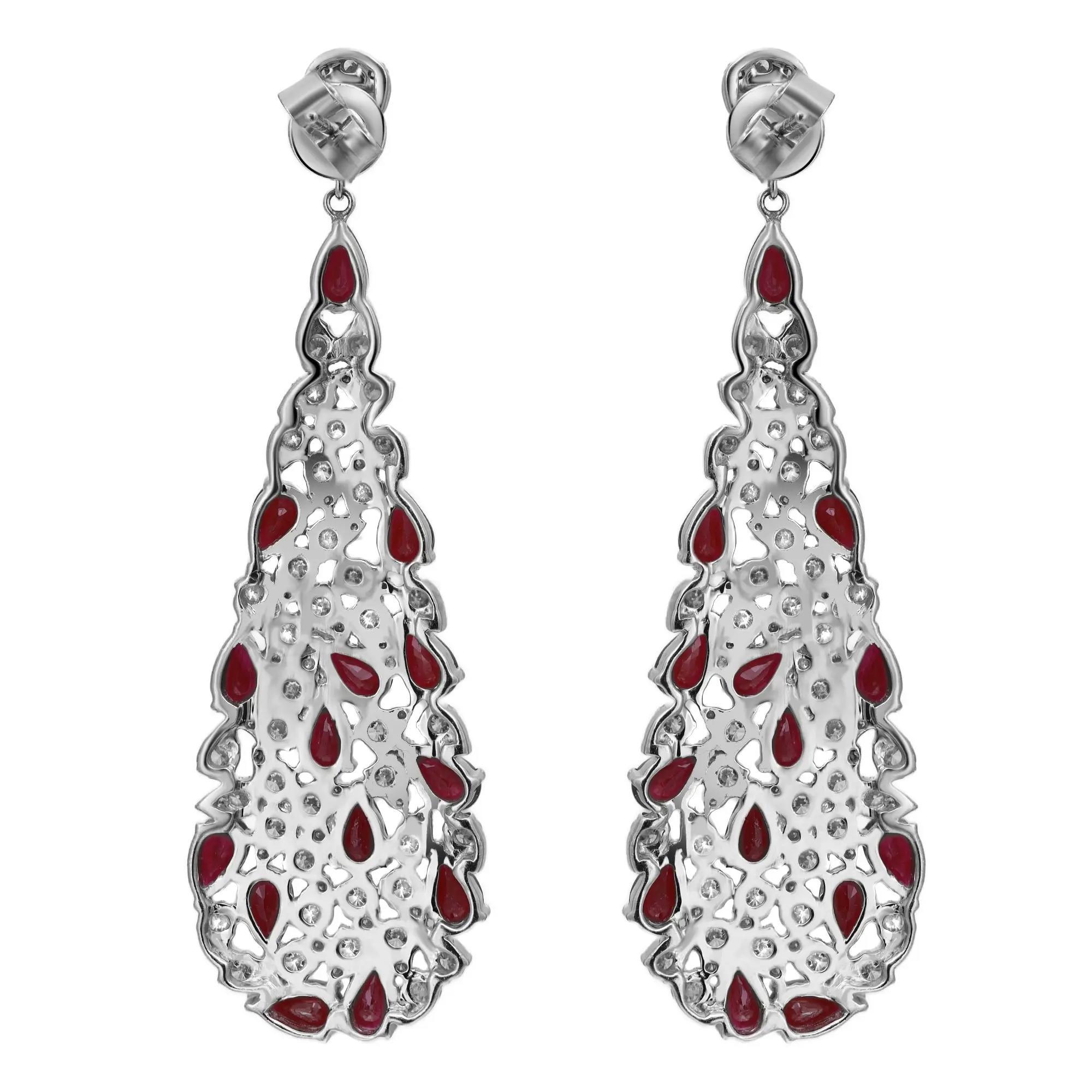 Modern Ruby 5.99Cttw And Diamond 3.37Cttw Long Drop Earrings 14K White Gold For Sale