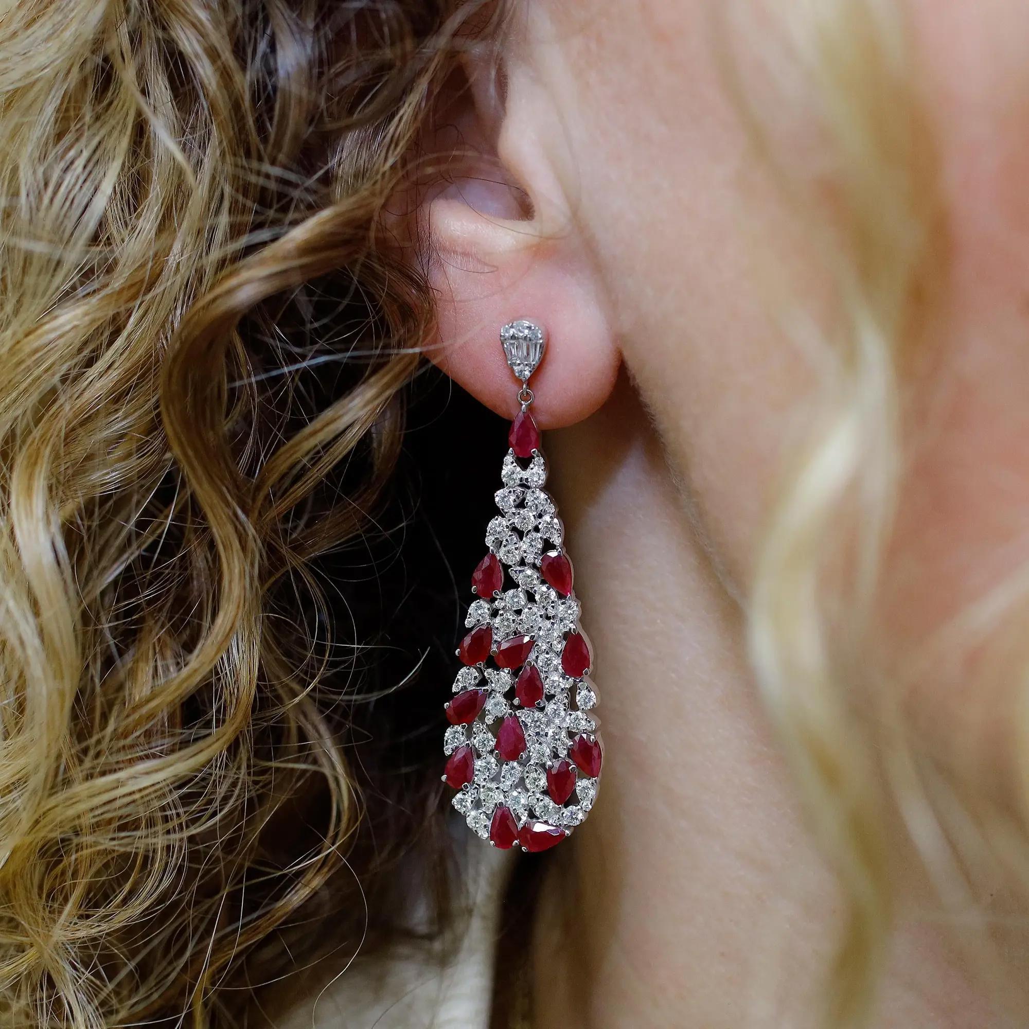 Pear Cut Ruby 5.99Cttw And Diamond 3.37Cttw Long Drop Earrings 14K White Gold For Sale