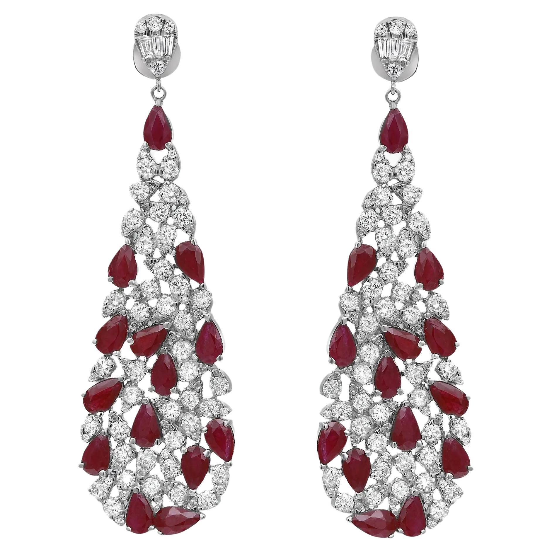 Ruby 5.99Cttw And Diamond 3.37Cttw Long Drop Earrings 14K White Gold