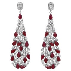 Ruby 5.99Cttw And Diamond 3.37Cttw Long Drop Earrings 14K White Gold
