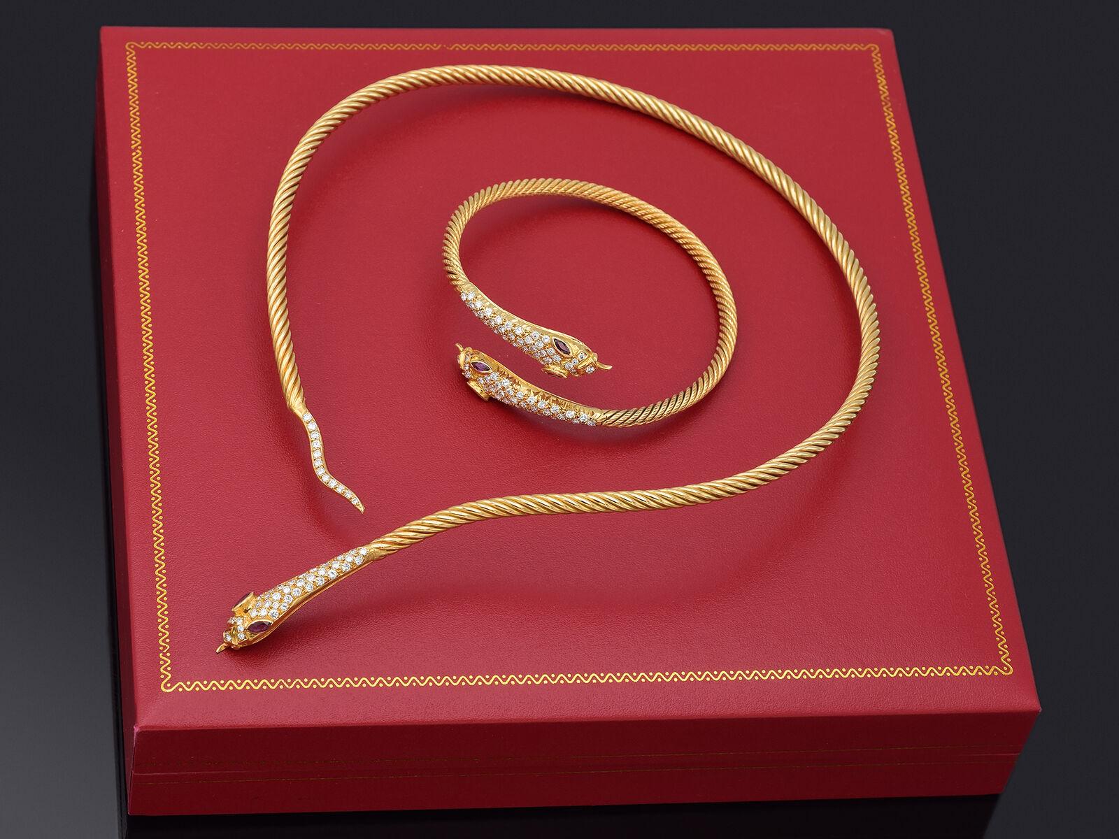 Ruby & 6.40TCW Diamond Yellow Gold Snake Collar Necklace & Wrap Bracelet Set In Good Condition For Sale In New York, NY