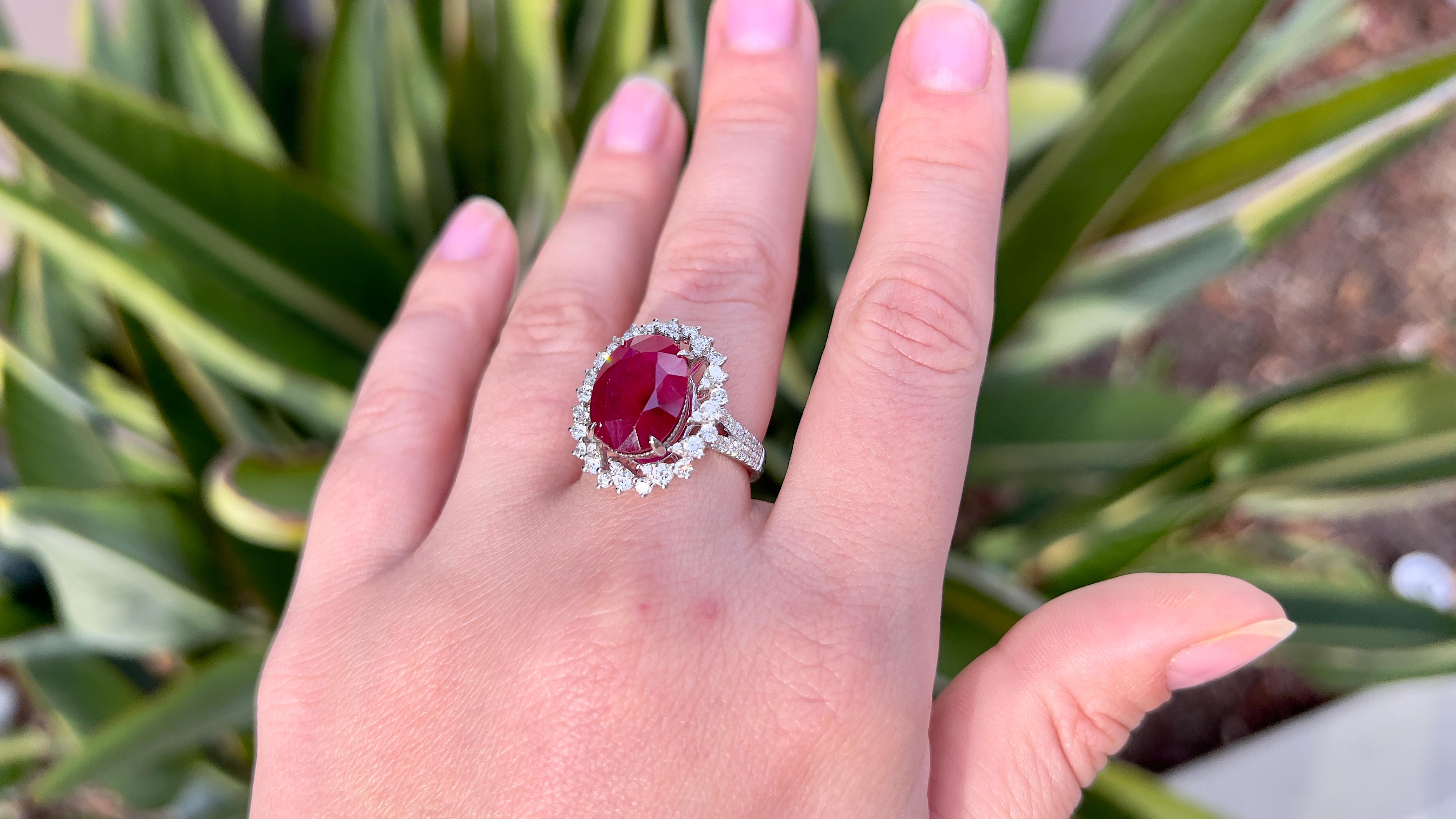 Oval Cut Ruby 6.50 Carat Ring with Diamonds 1.40 Carats Total 14k Gold For Sale