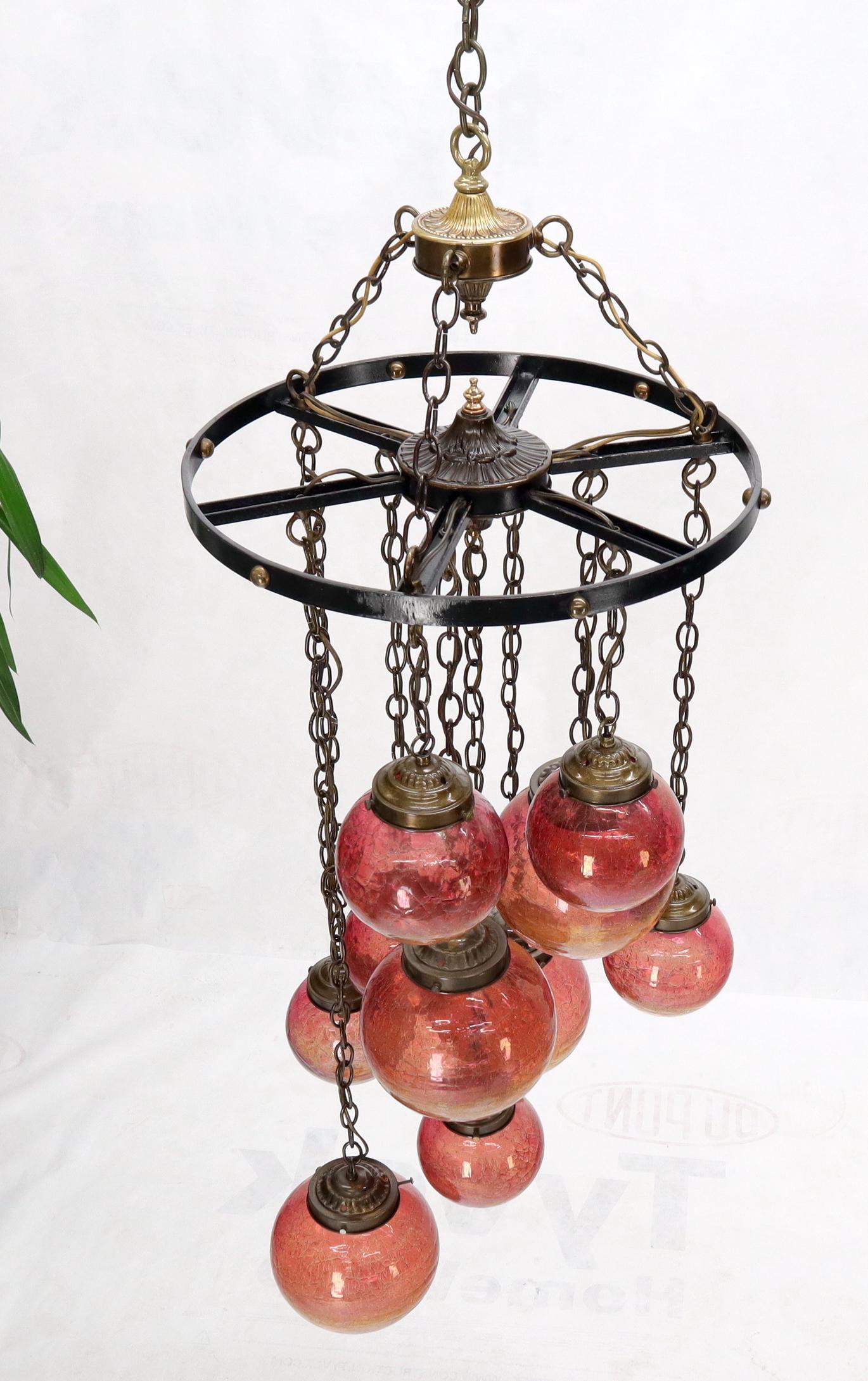 Mid-Century Modern Ruby & Amber Globes on Chain Chandelier Light Fixture For Sale