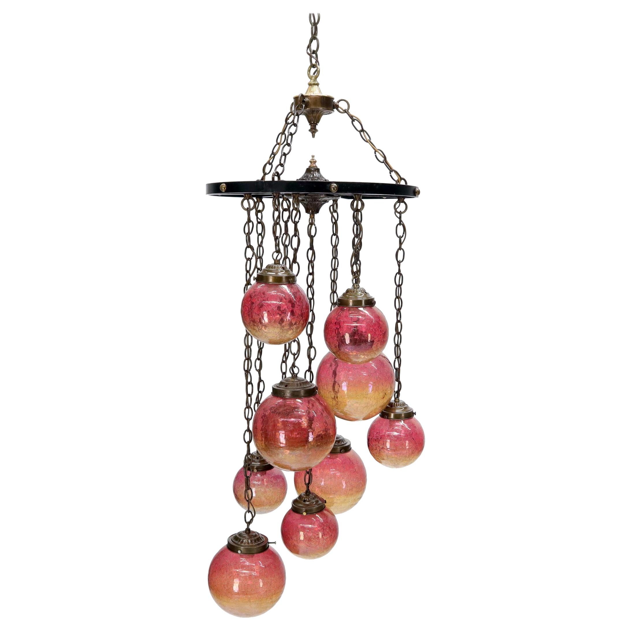 Ruby & Amber Globes on Chain Chandelier Light Fixture For Sale