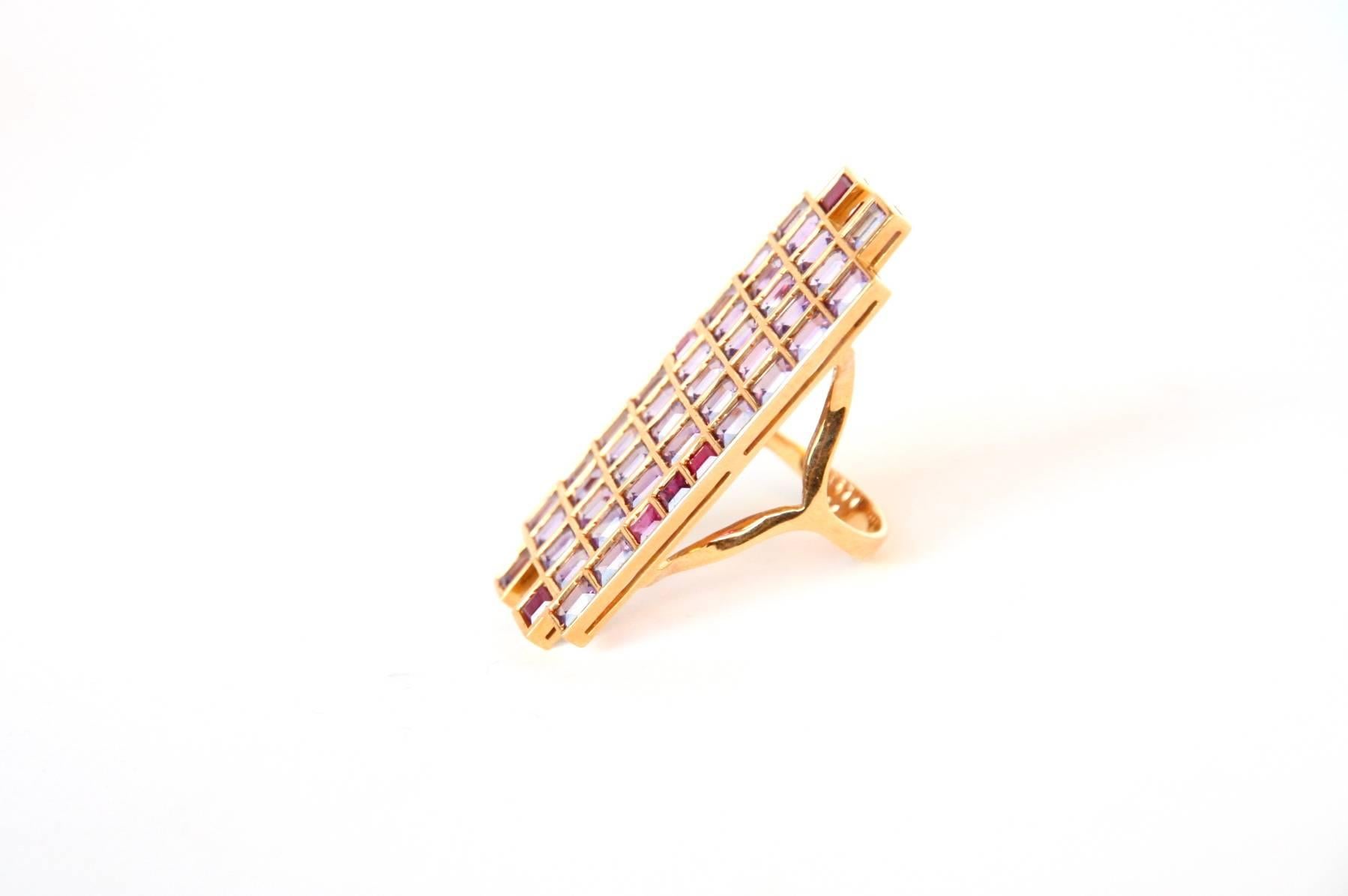 Art Deco Ruby Amethyst 18 Karat Gold Ring For Sale