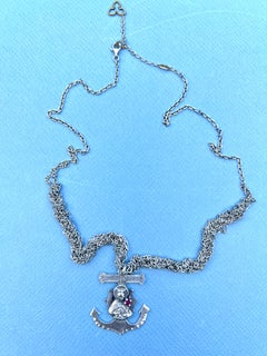 Ruby Anchor Virgin Mary Cross Pendant  Silver Braid Chain Necklace