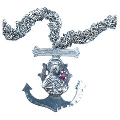 Ruby Anchor Virgin Mary Cross Pendant Silver Braid Chain Necklace
