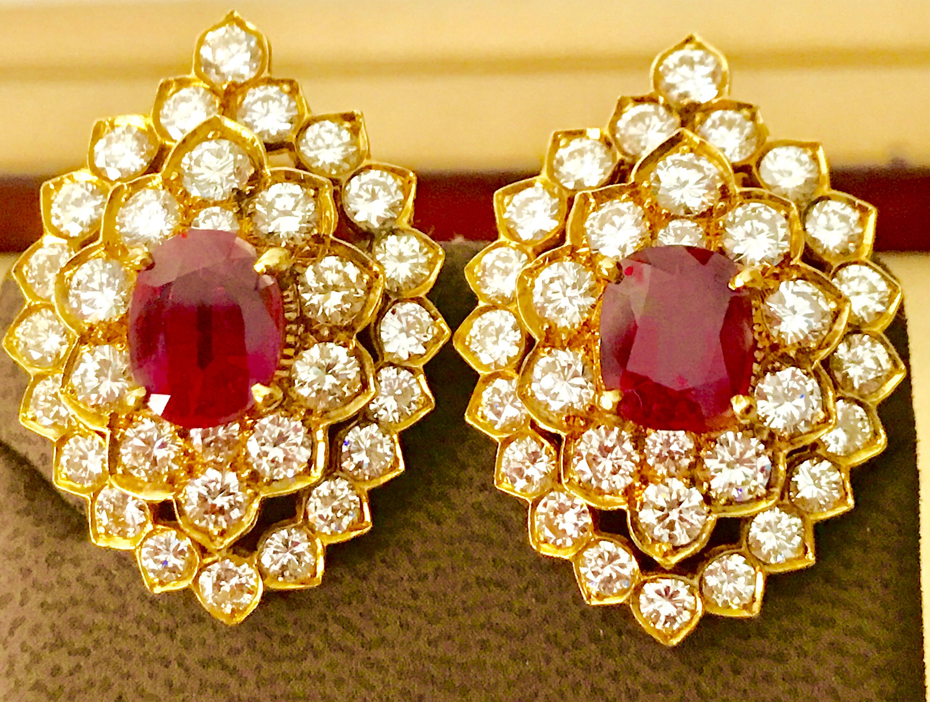 Oval Cut Ruby and 10 Carat VS Diamonds Stud/ Clip Earrings 18 Karat Yellow Gold For Sale