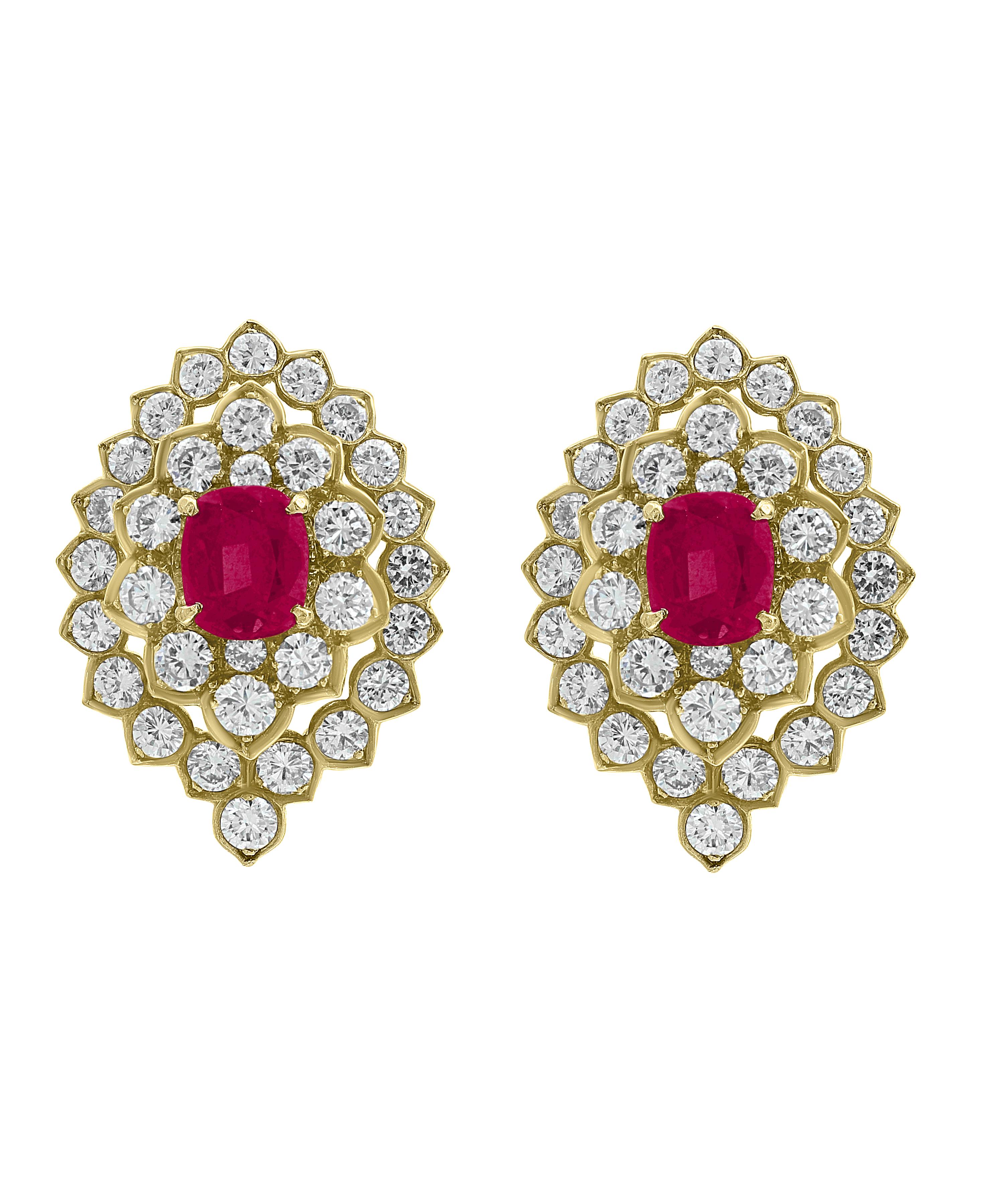 Women's Ruby and 10 Carat VS Diamonds Stud/ Clip Earrings 18 Karat Yellow Gold For Sale