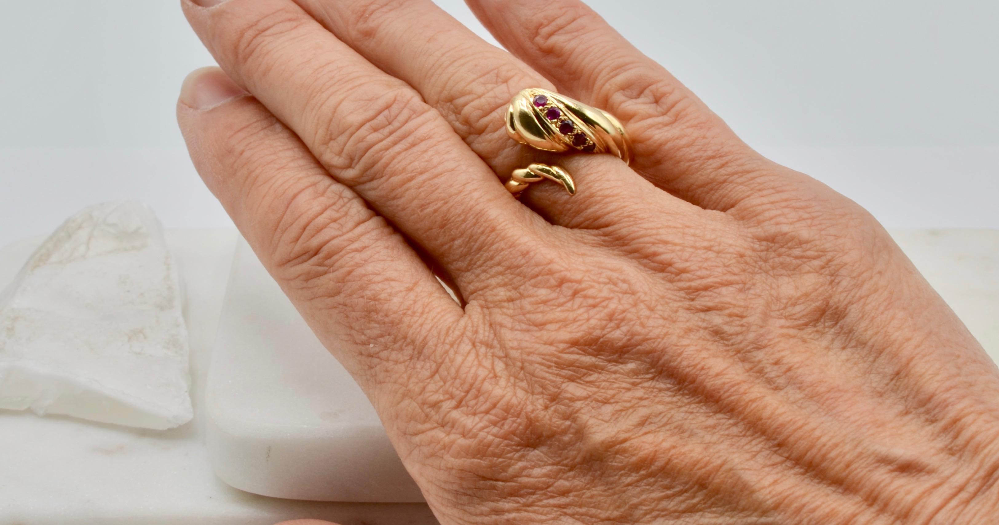 Women's or Men's Ruby and 14 Karat Gold Modern Snake Ring For Sale