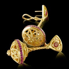 Kent Raible Ruby 18 Karat Gold Granulation 'Flying Saucer' chandelier Earrings