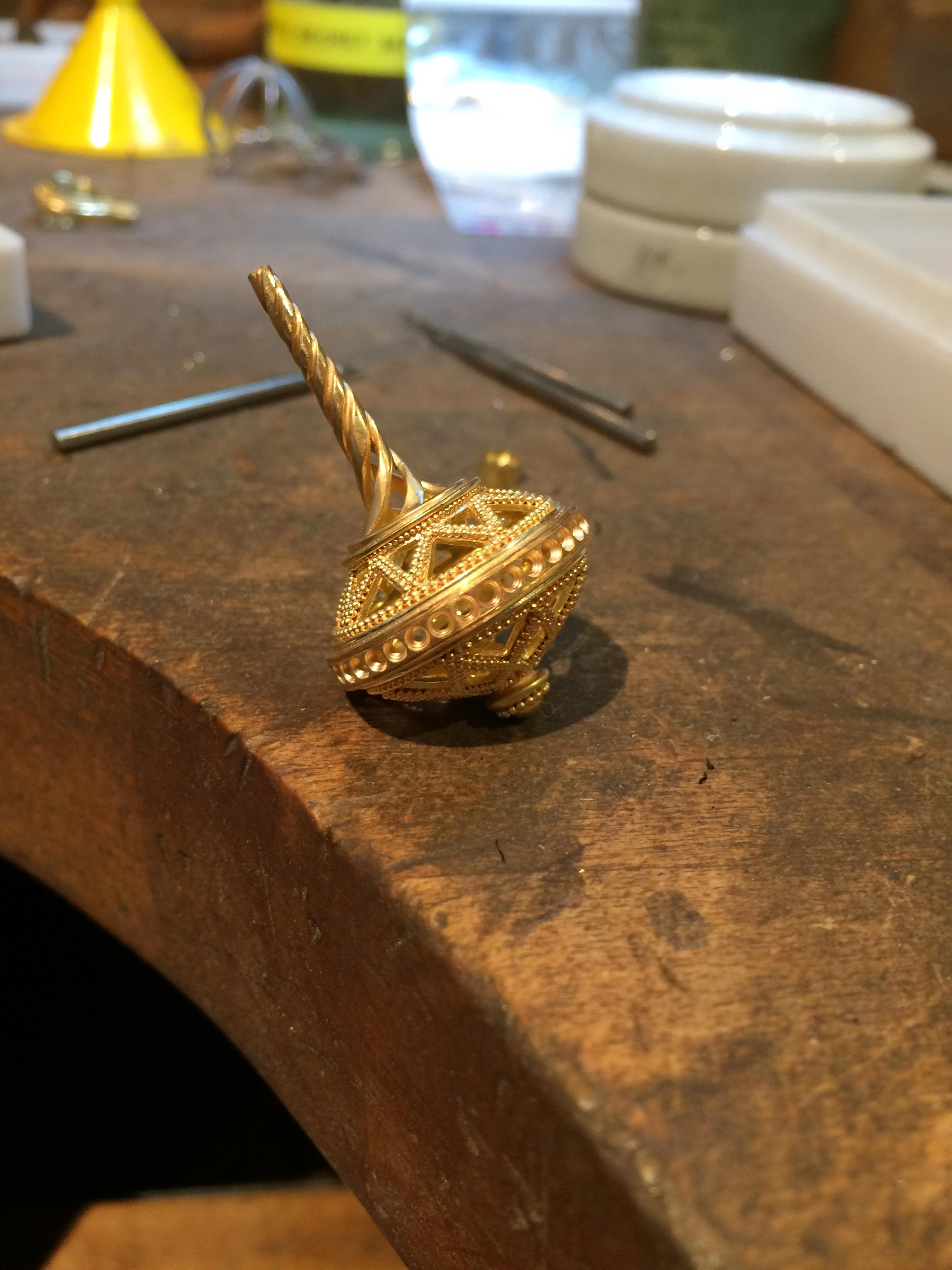 Round Cut Kent Raible Ruby 18 Karat Gold Granulation 'Flying Saucer' chandelier Earrings For Sale