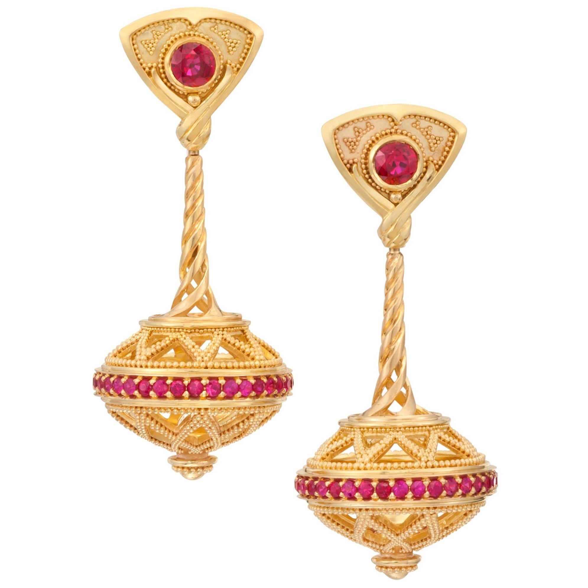 Kent Raible Ruby 18 Karat Gold Granulation 'Flying Saucer' chandelier Earrings For Sale