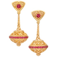 Used Kent Raible Ruby 18 Karat Gold Granulation 'Flying Saucer' chandelier Earrings