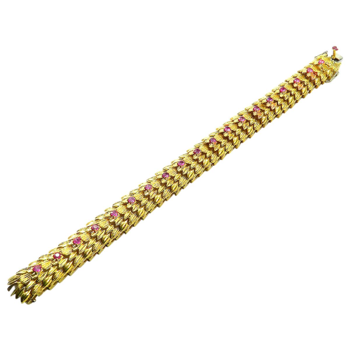 Ruby and 18 Karat Textured Yellow Gold Bracelet