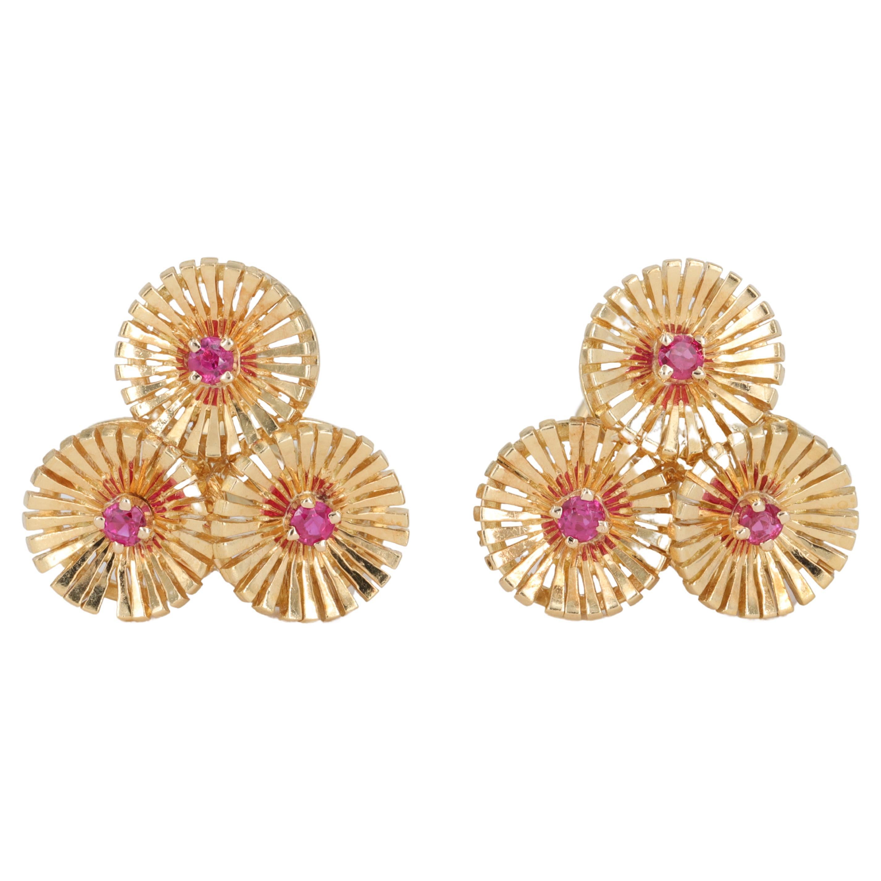 Ruby and 18 Karat Yellow Gold Star Burst Earrings For Sale