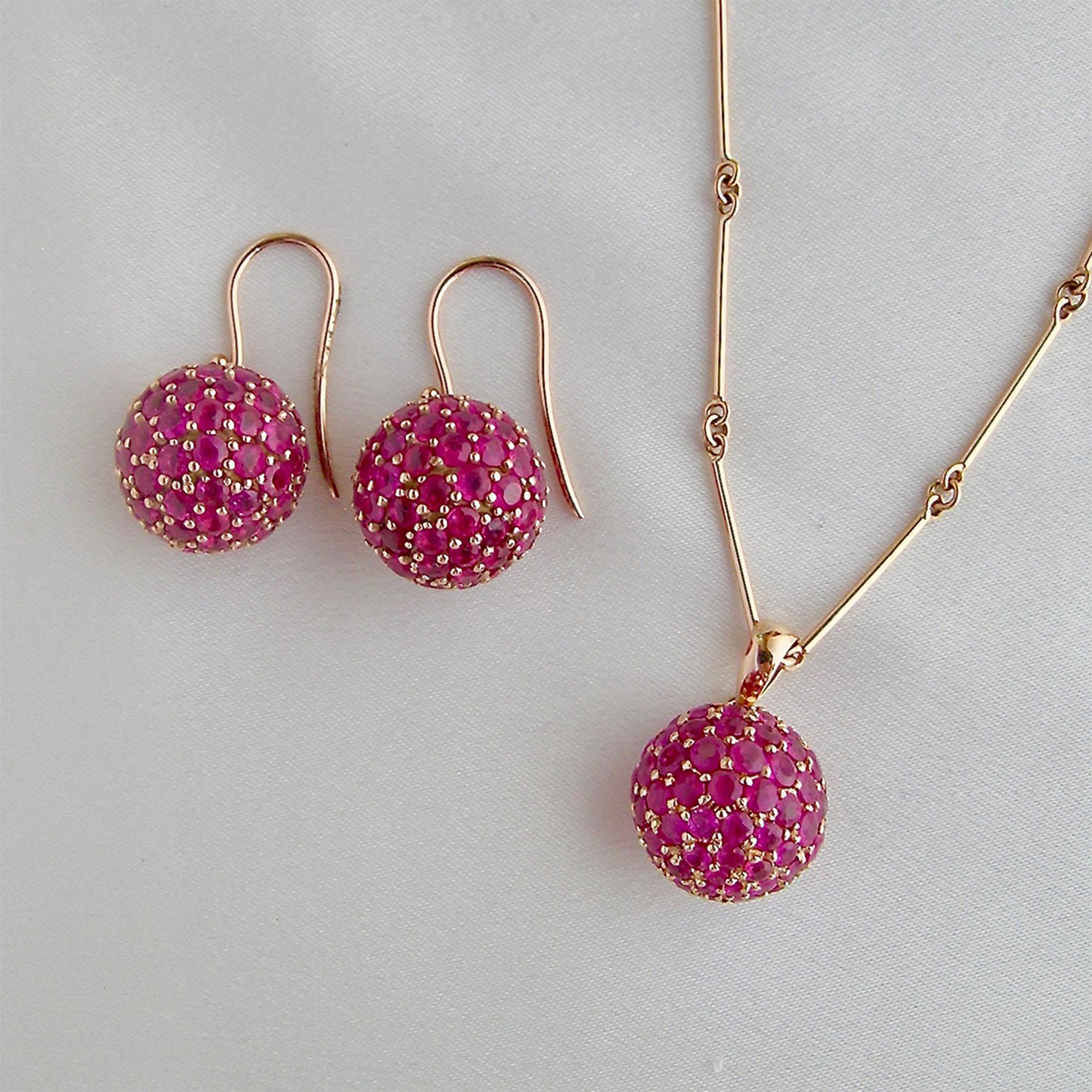 Contemporary Ruby and 18 Karat Rose Gold Ball Earrings For Sale
