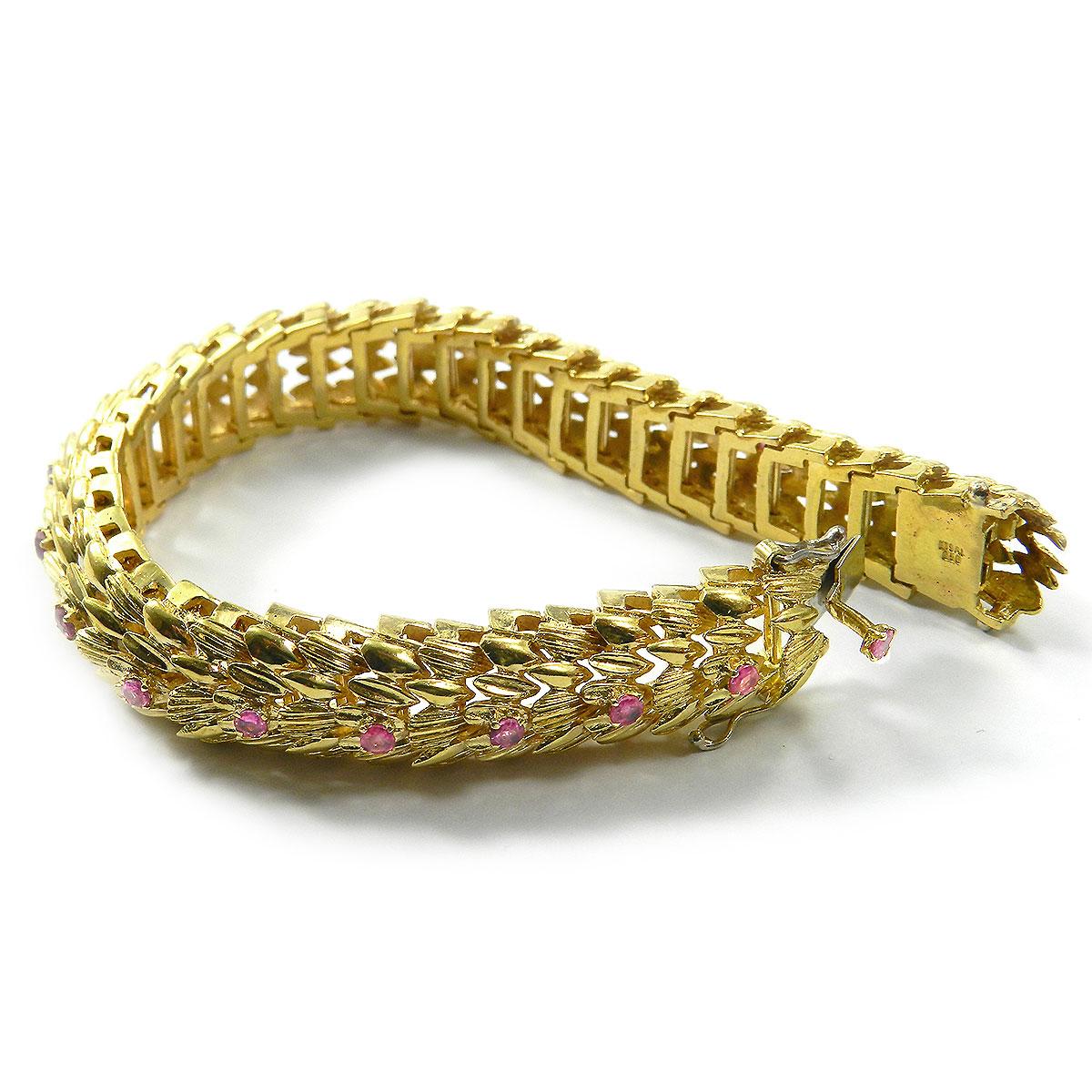 Round Cut Ruby and 18 Karat Textured Yellow Gold Bracelet