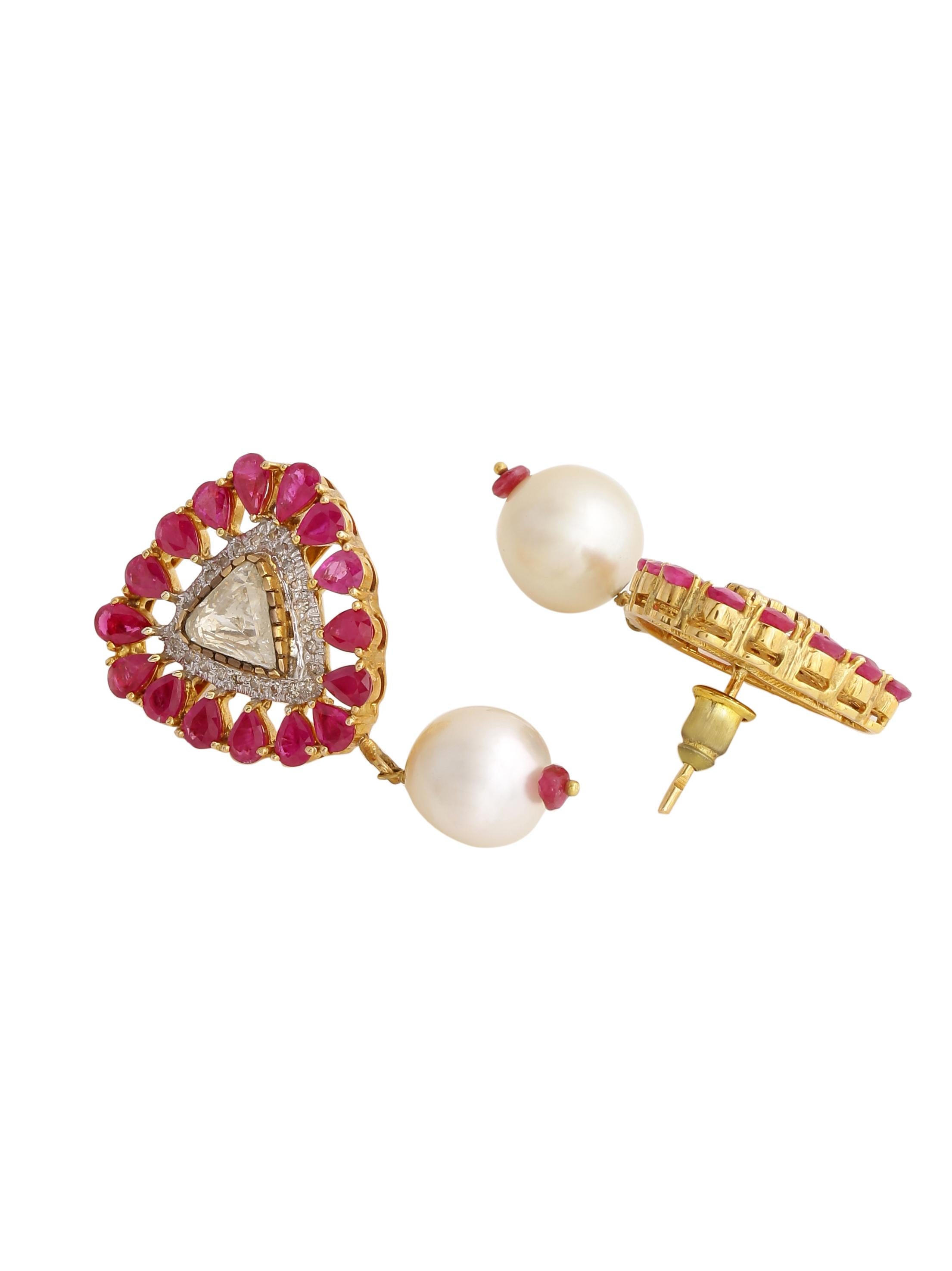 Ruby and 1.90 Carats Diamond Earring Pair with a Pearl Hanging Made in 18K Gold For Sale 2