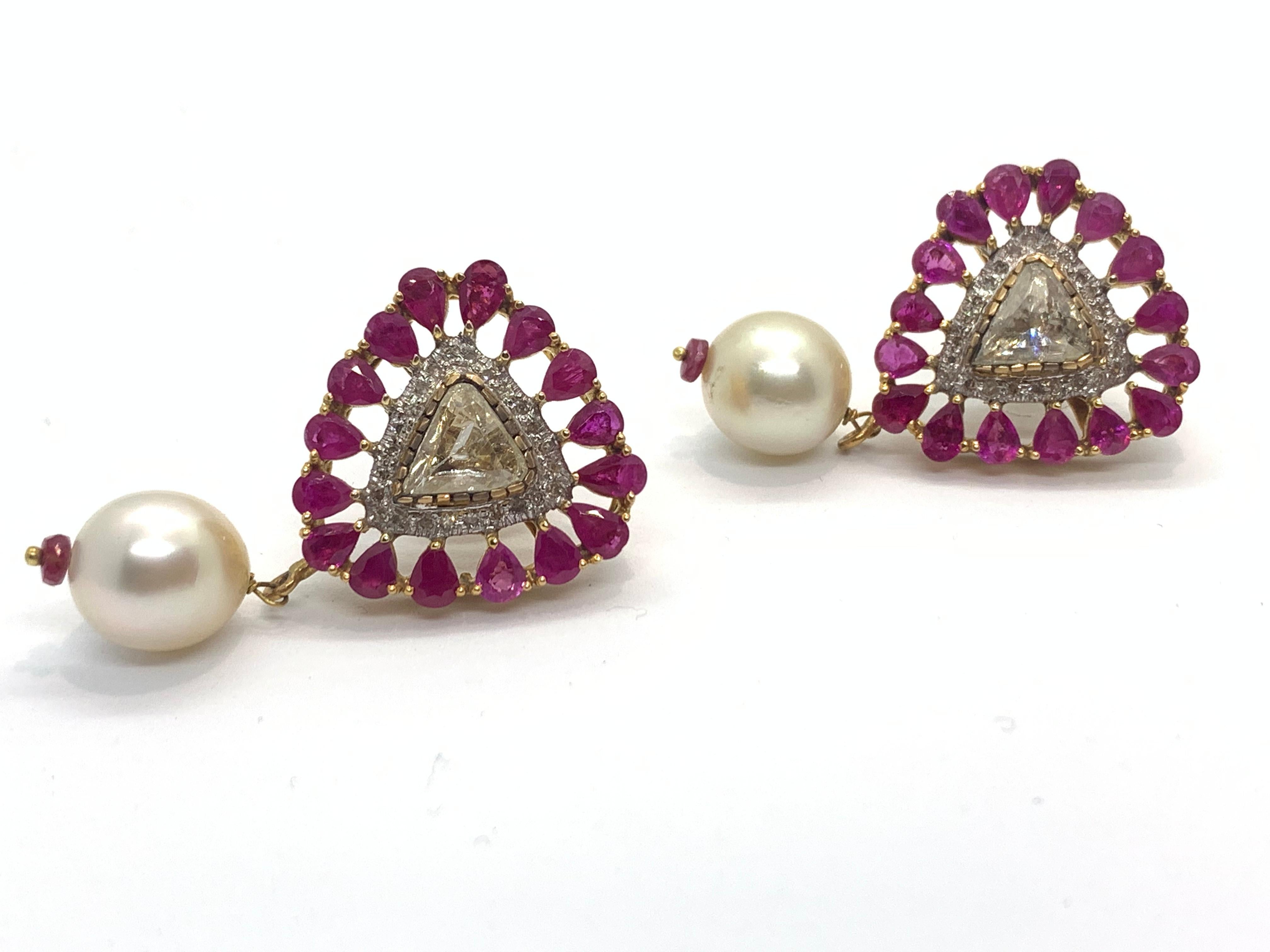 Women's Ruby and 1.90 Carats Diamond Earring Pair with a Pearl Hanging Made in 18K Gold For Sale