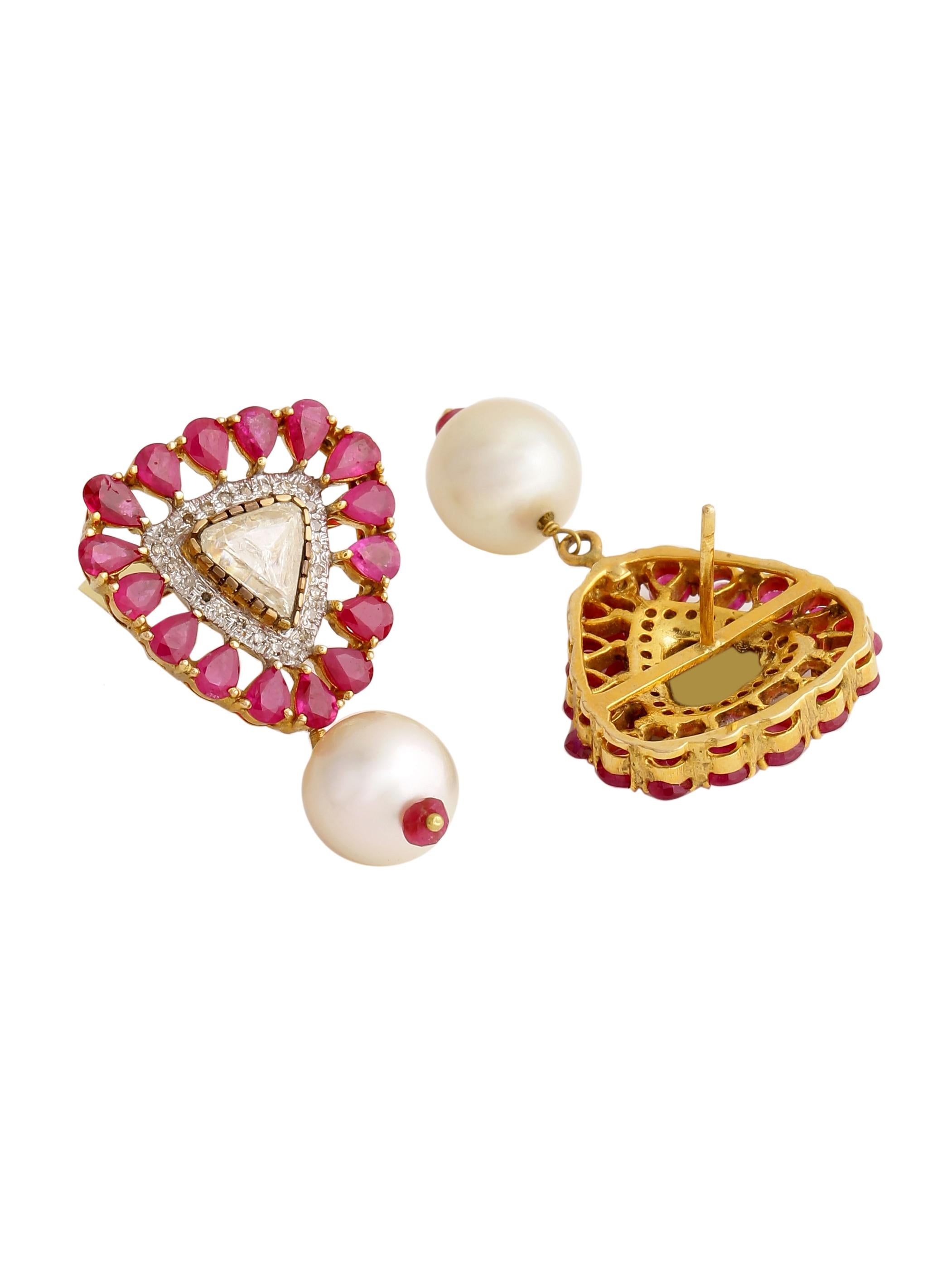 Modern Ruby and 1.90 Carats Diamond Earring Pair with a Pearl Hanging Made in 18K Gold For Sale