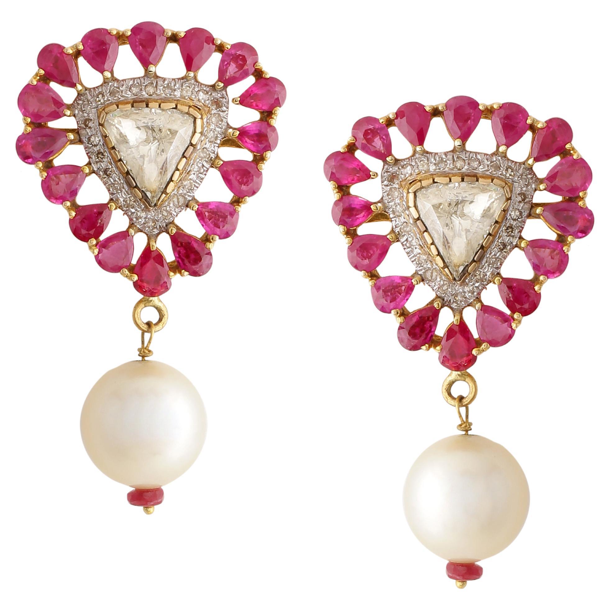Ruby and 1.90 Carats Diamond Earring Pair with a Pearl Hanging Made in 18K Gold For Sale