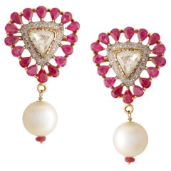 Ruby and 1.90 Carats Diamond Earring Pair with a Pearl Hanging Made in 18K Gold
