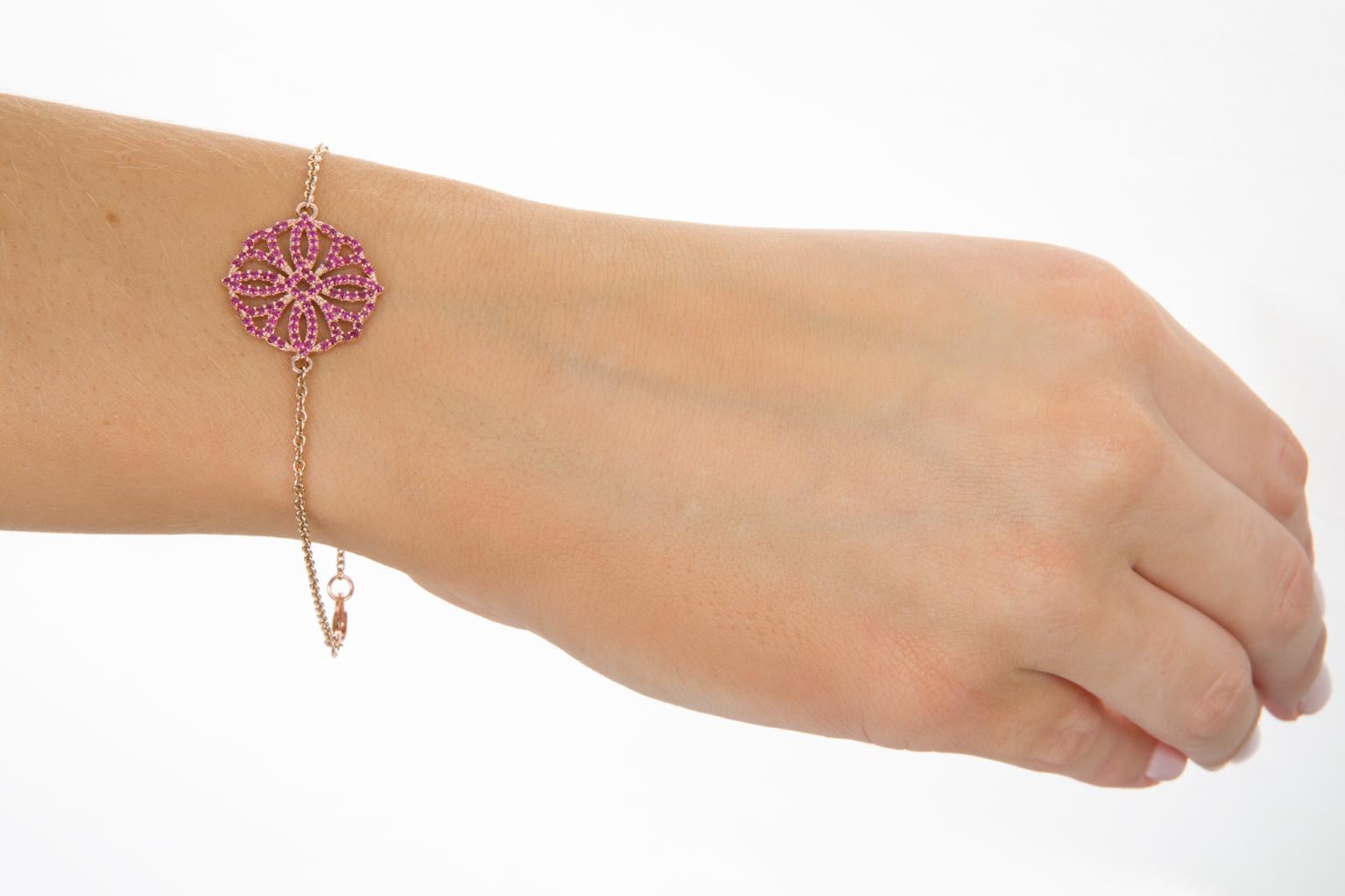 Ruby and 9 Karat Rose Gold Flower Chain Bracelet In Excellent Condition For Sale In QLD , AU